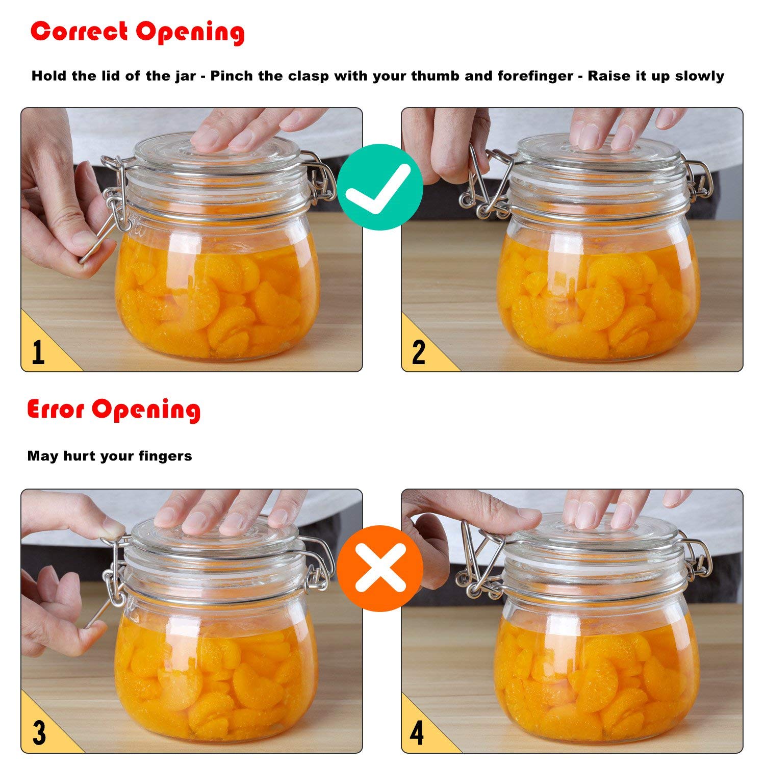 ComSaf Airtight Glass Canister Set of 6 with Lids 17oz Food Storage Jar Round - Storage Container with Clear Preserving Seal Wire Clip Fastening for Kitchen Canning Cereal,Pasta,Sugar,Beans,Spice