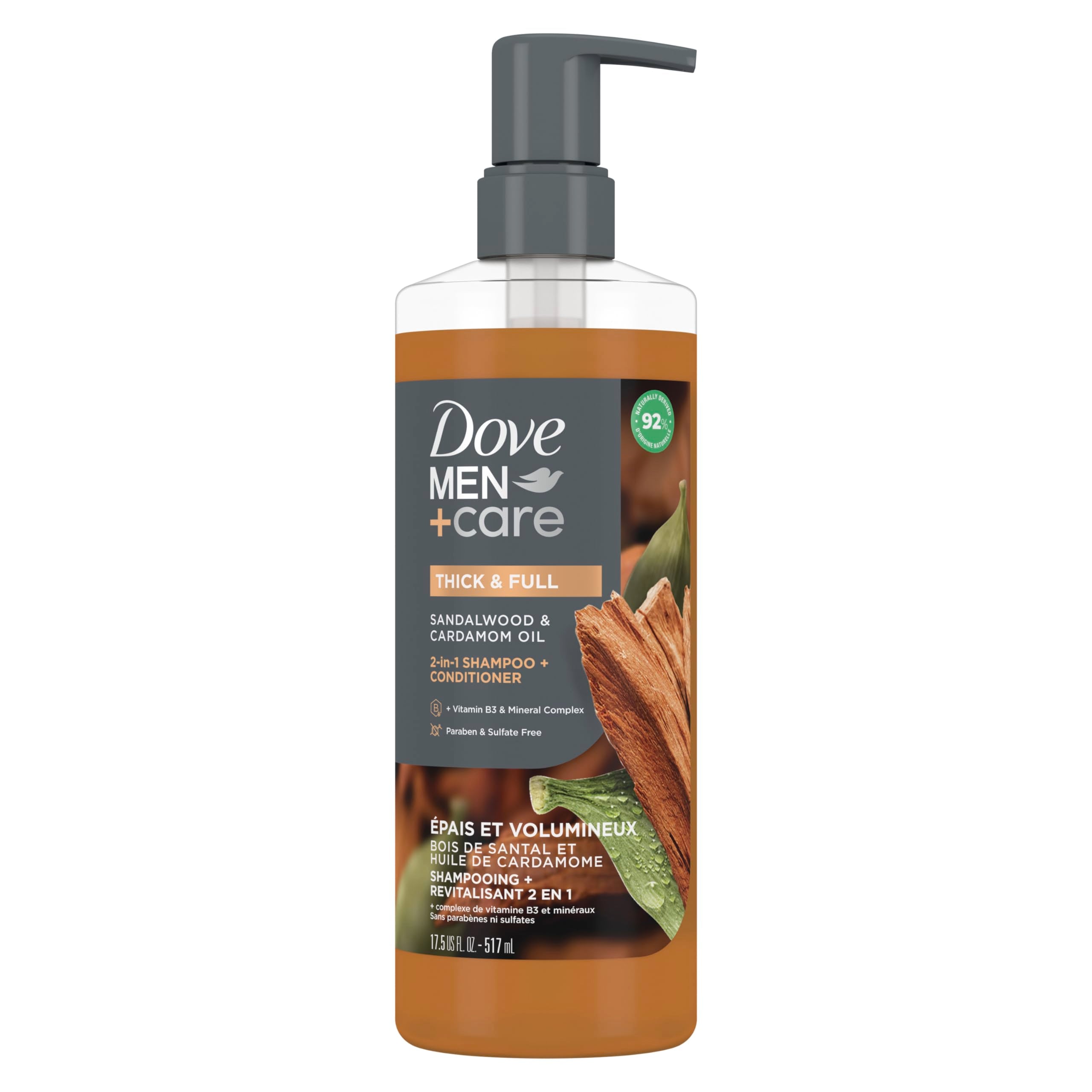 DOVE MEN + CARE 2-in-1 Shampoo + Spülung Sandelholz & Kardamomöl für dichtes & volles Haar, + Vitamin B3 & Mineralienkomplex, 517 ml
