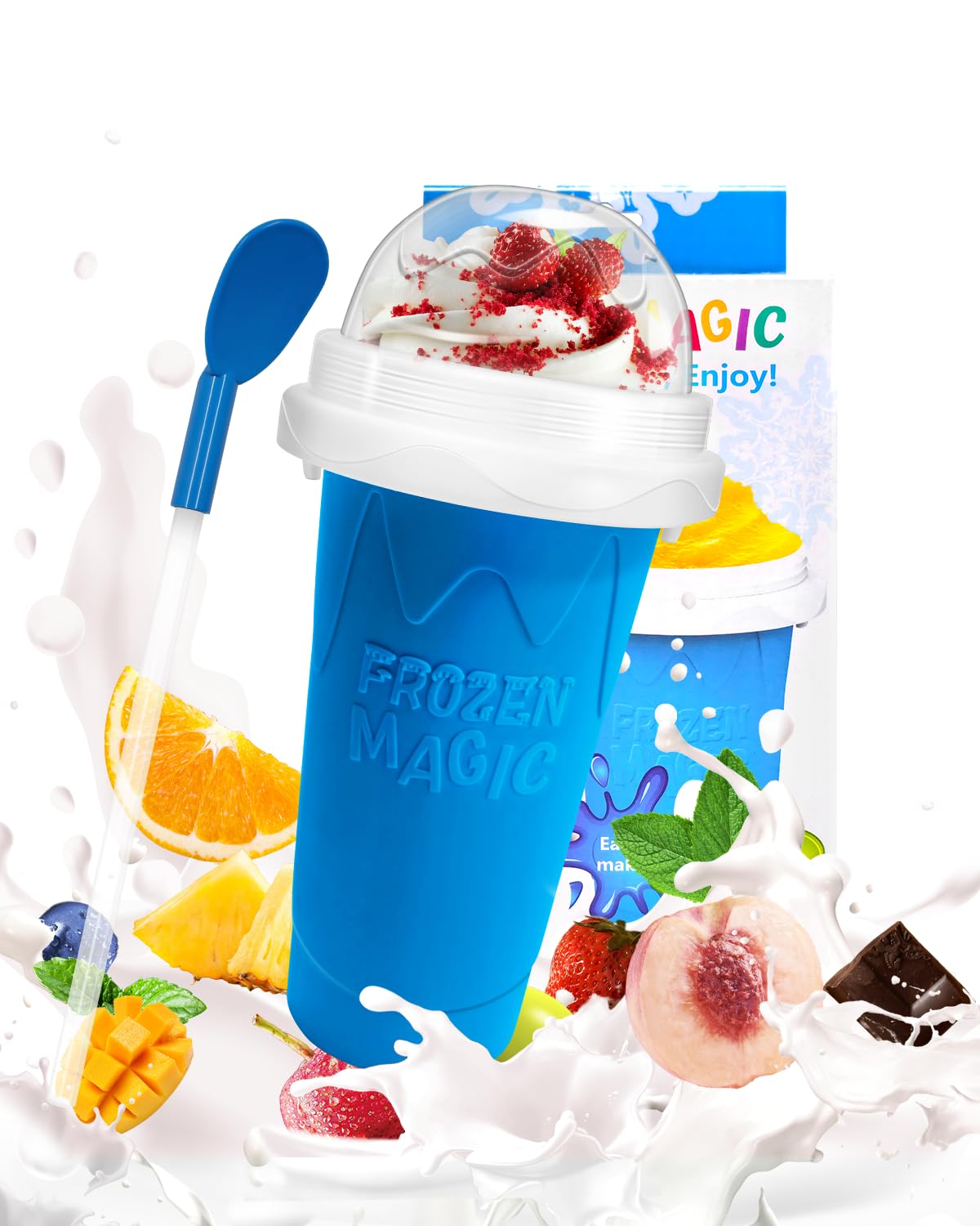 Bollove Slushy Maker Cup, DIY Magic Slushy Maker Squeeze Cup, tragbarer Smoothie Squeeze Cup für Säfte, Milch und Eiscreme, doppelschichtiger Silikonbecher mit Deckel und Strohhalm (Blau), 20*11cm