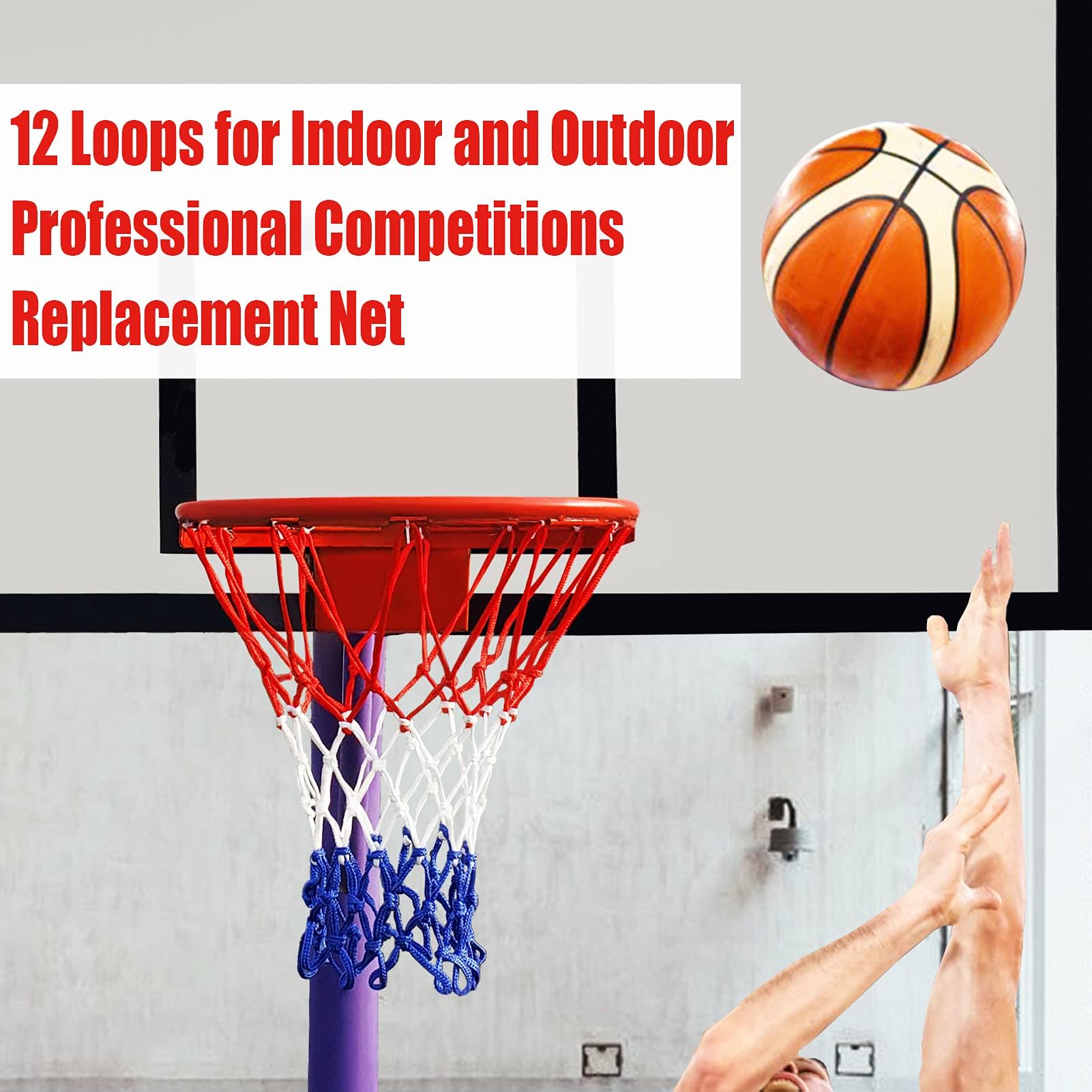 NEIJIANG Basketball Net Replacement, 2025 Upgrade Thick Professional Basketball Nets Heavy Duty Outdoor, All Weather Anti Whip Color Never Fade -12 Loops (Red White Blue)