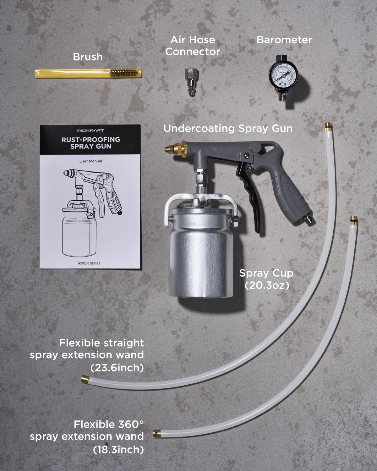 InoKraft Undercoating Spray Gun with Suction Feed Cup, 360° & Straight Spray Hoses, for Truck Bed Liner Coating, Rubberized Undercoat, Rust Proofing