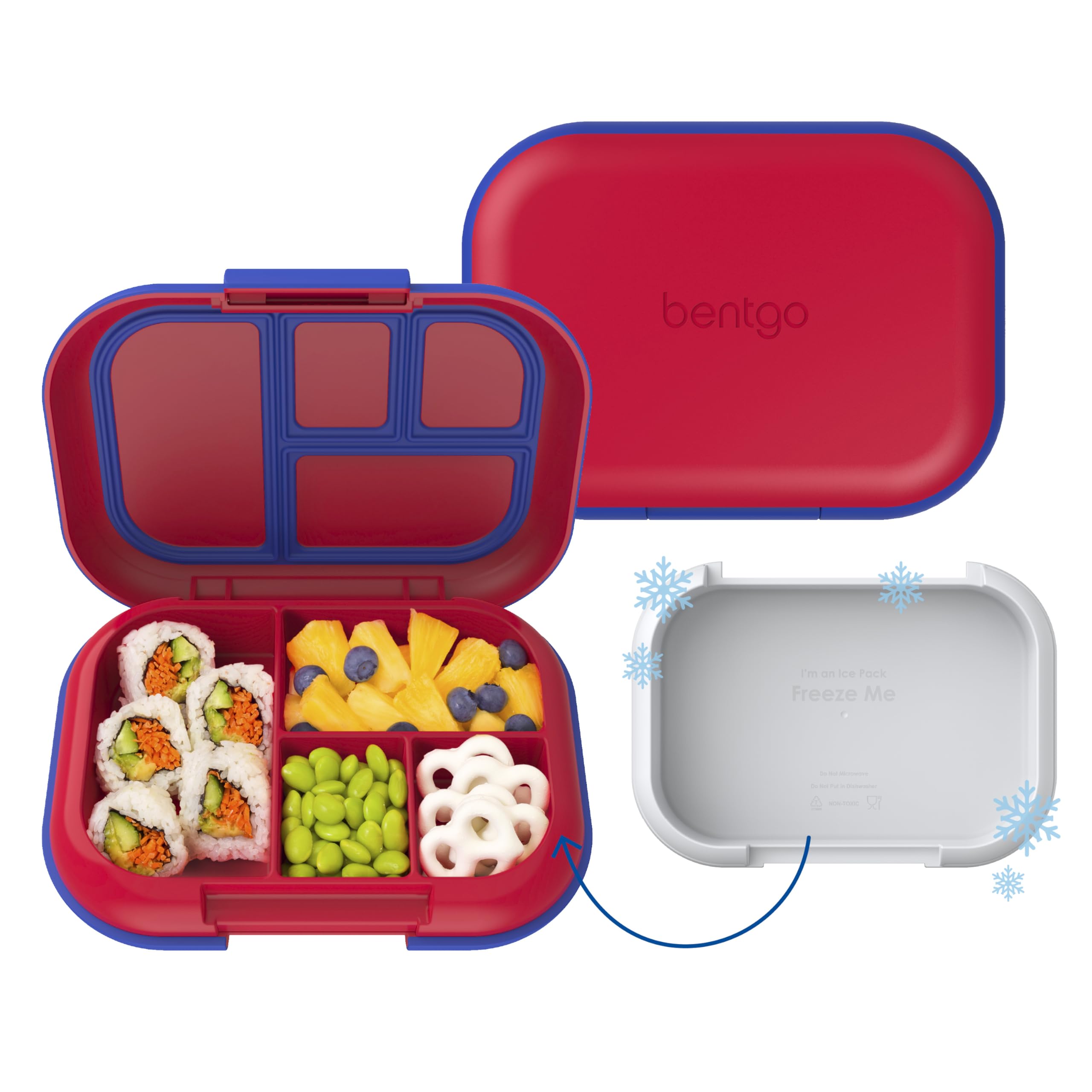 Bentgo Chill Kinder Auslaufsichere Brotdose – 4-Fächer Bento Box mit integriertem Kühlpack, 0,78 l Fassungsvermögen, PFAS- & BPA-frei, Mikrowellen- & Spülmaschinenfest, Ideale Größe für Kinder von 3 bis 7 Jahren (Rot/Königsblau)