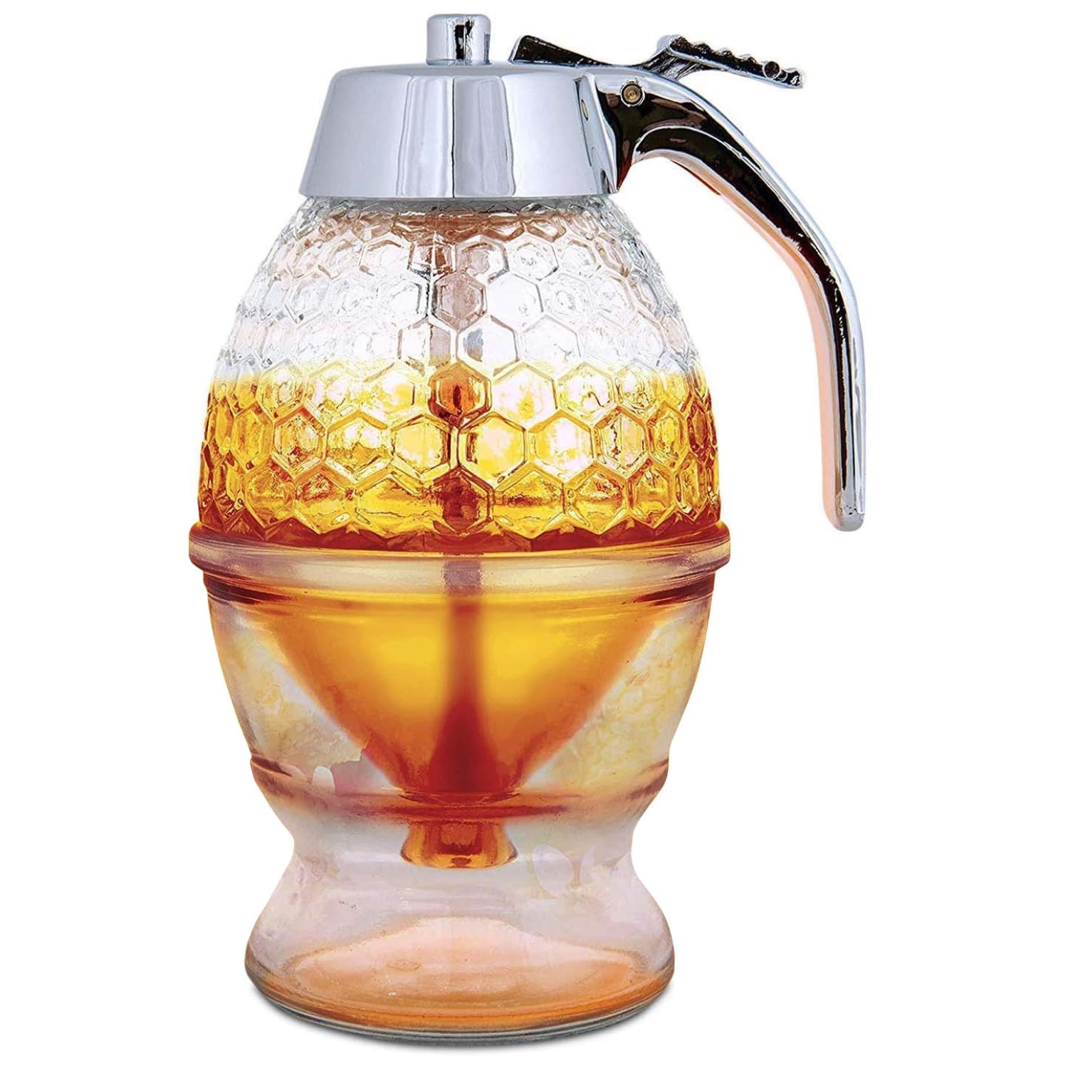 Hunnibi 8oz No Drip Glass Honey Dispenser with Plastic Top - Honeycomb-Style Syrup Server and Bee-Themed Storage Jar with Stand - 6" Clear Container for Honey, Maple Syrup