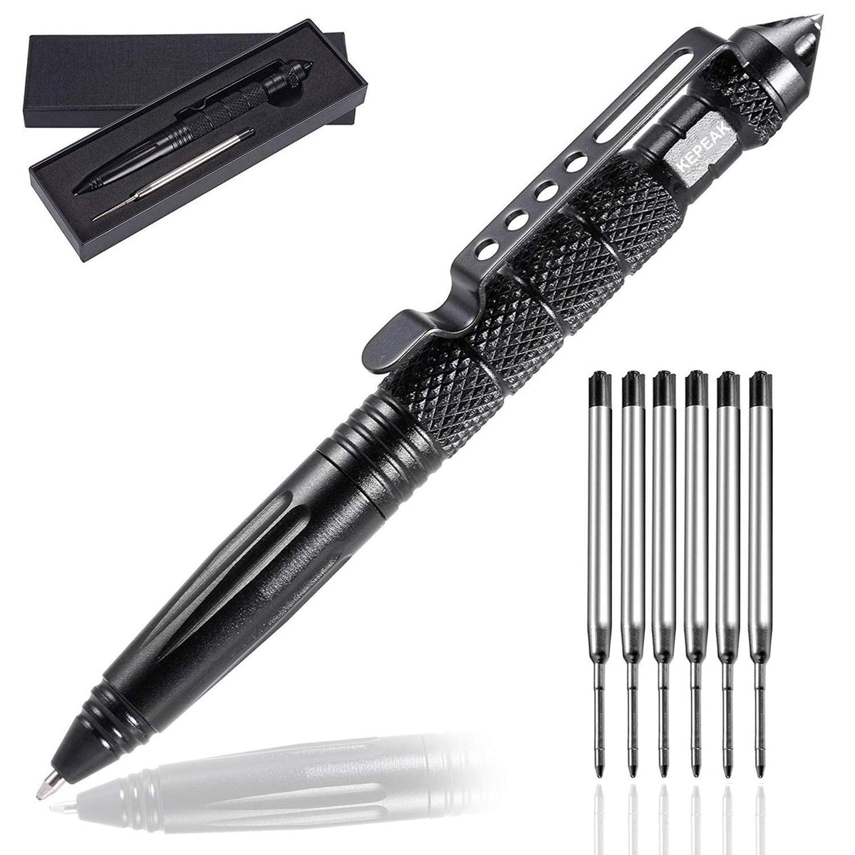 KEPEAK Militärischer Taktischer Stift, Professioneller Selbstverteidigungsstift, Notfall-Glasbrecherstift – Wolframstahl, Schreibgerät mit 6 Minen