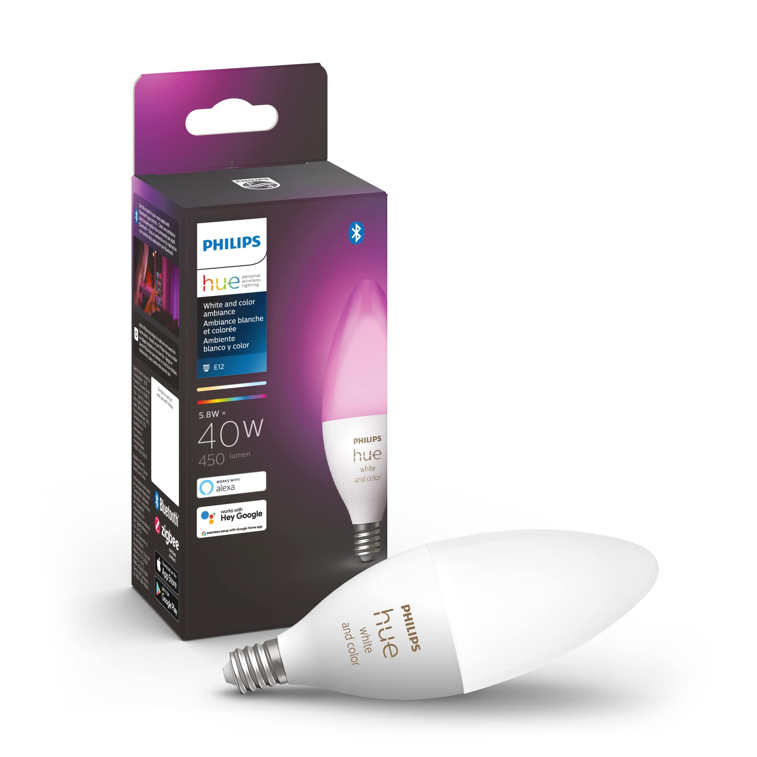 Philips Hue Smart 40W B39 LED-Kerzenlampe – White and Color Ambiance Farbwechselndes Licht – 1er-Pack – 450 LM – E12 – Steuerung mit Hue App – Funktioniert mit Alexa, Google Assistant und Apple Homekit