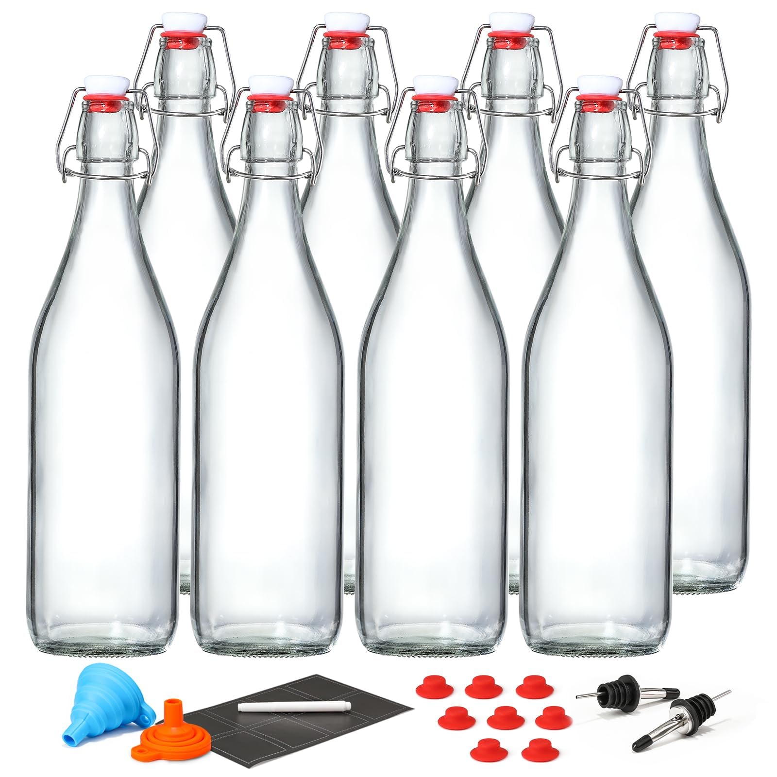 8 Pack [1 L / 33 fl. oz.] Swing Top Glass Bottles w/Airtight Stopper Lids - Flip Top Brewing Bottle for Fermentation, Kombucha, Mead, Vinegar, Beer, Kefir, Wine, Soda - With 8 Extra Seals & 2 Pourers
