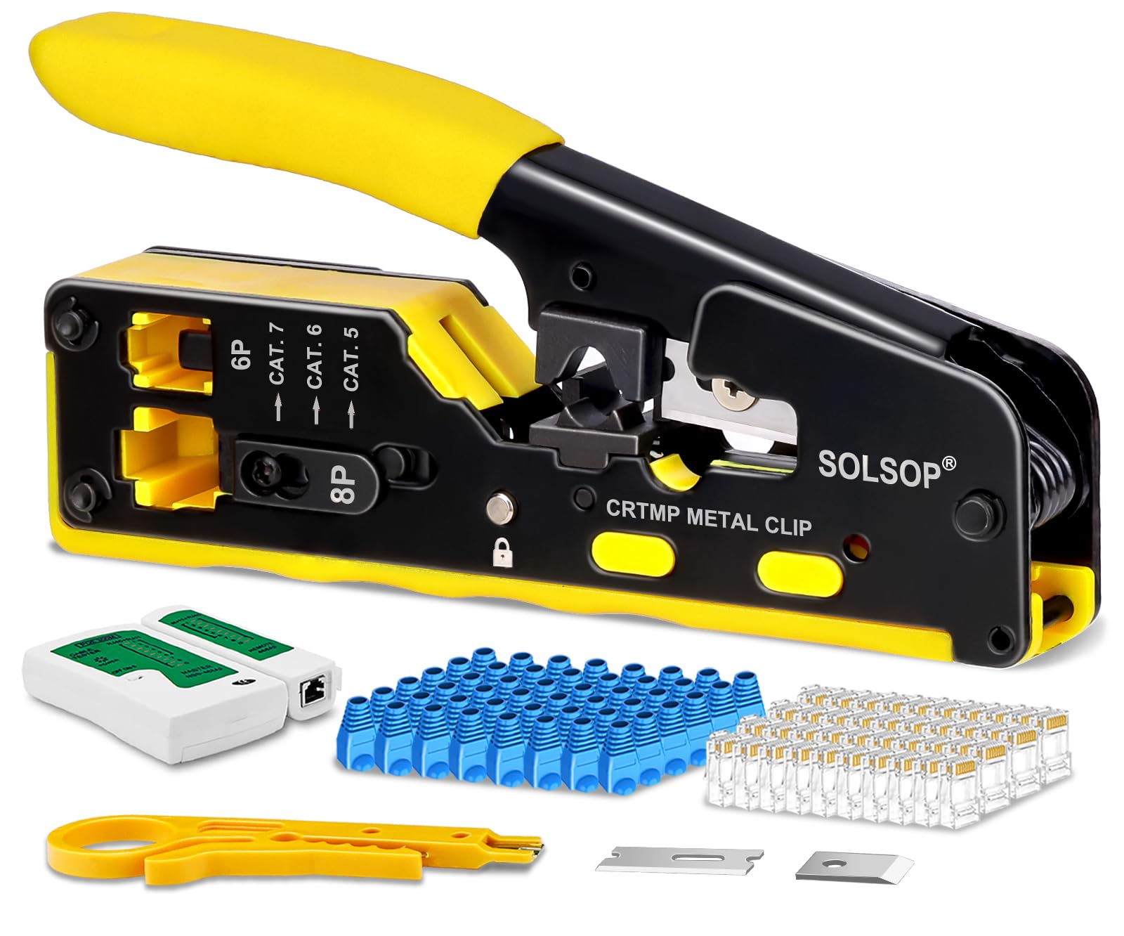 Solsop RJ45 Crimpzangen-Set, All-in-One Ethernet Crimper für Cat7, Cat6, Cat5 mit Netzwerk-Kabeltester, 50er-Pack Cat6 RJ45 Durchgangsstecker, 50er-Pack Stecker-Stiefel