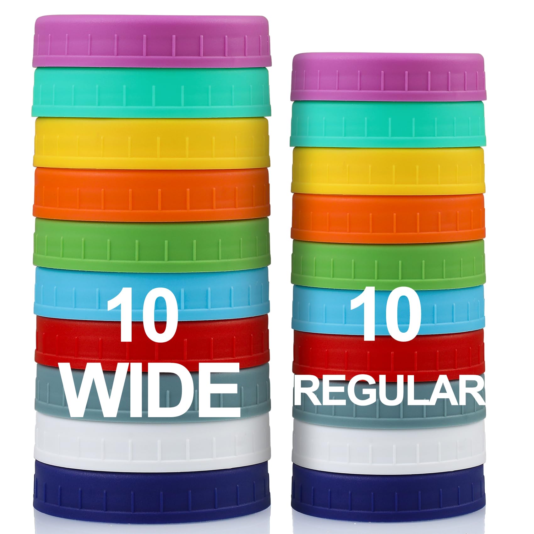 AOZITA 10 WIDE Mouth & 10 REGULAR Mouth Mason Jar Lids - 20 Pack Food Grade Plastic Mason Jar Caps for Ball, Kerr and More Canning Jars - Leakproof & Dishwasher Safe - Multicolor