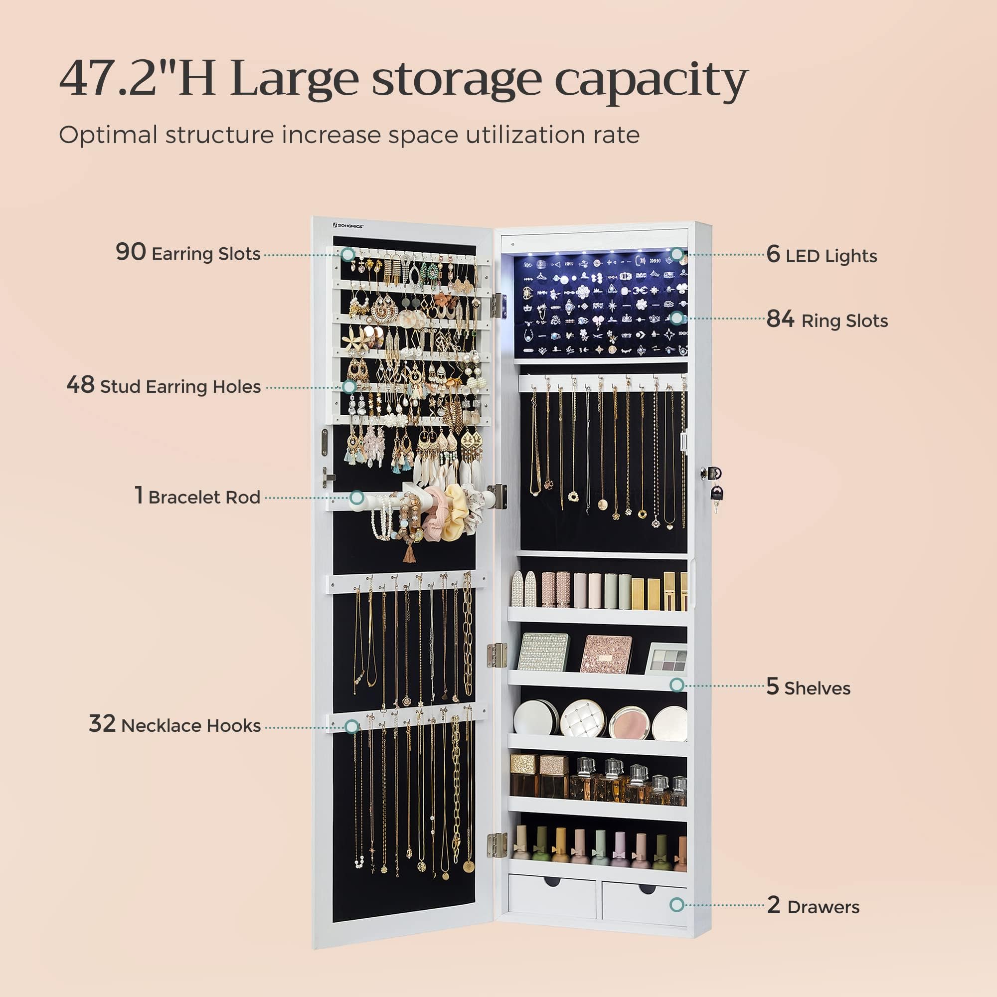 SONGMICS 6 LEDs Mirror Jewelry Cabinet, 47.2-Inch Tall Lockable Wall or Door Mounted Jewelry Armoire Organizer with Mirror, 2 Drawers, 3.9 x 14.6 x 47.2 Inches, White UJJC93W