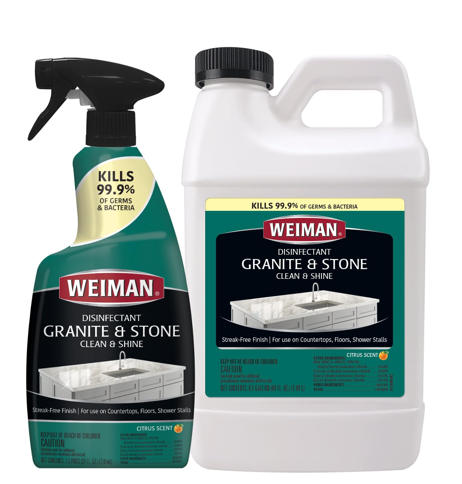Weiman Disinfecting Granite Cleaner & Polish Value Pack - (1) 24 oz Spray Bottle, (1) 64 oz Refill