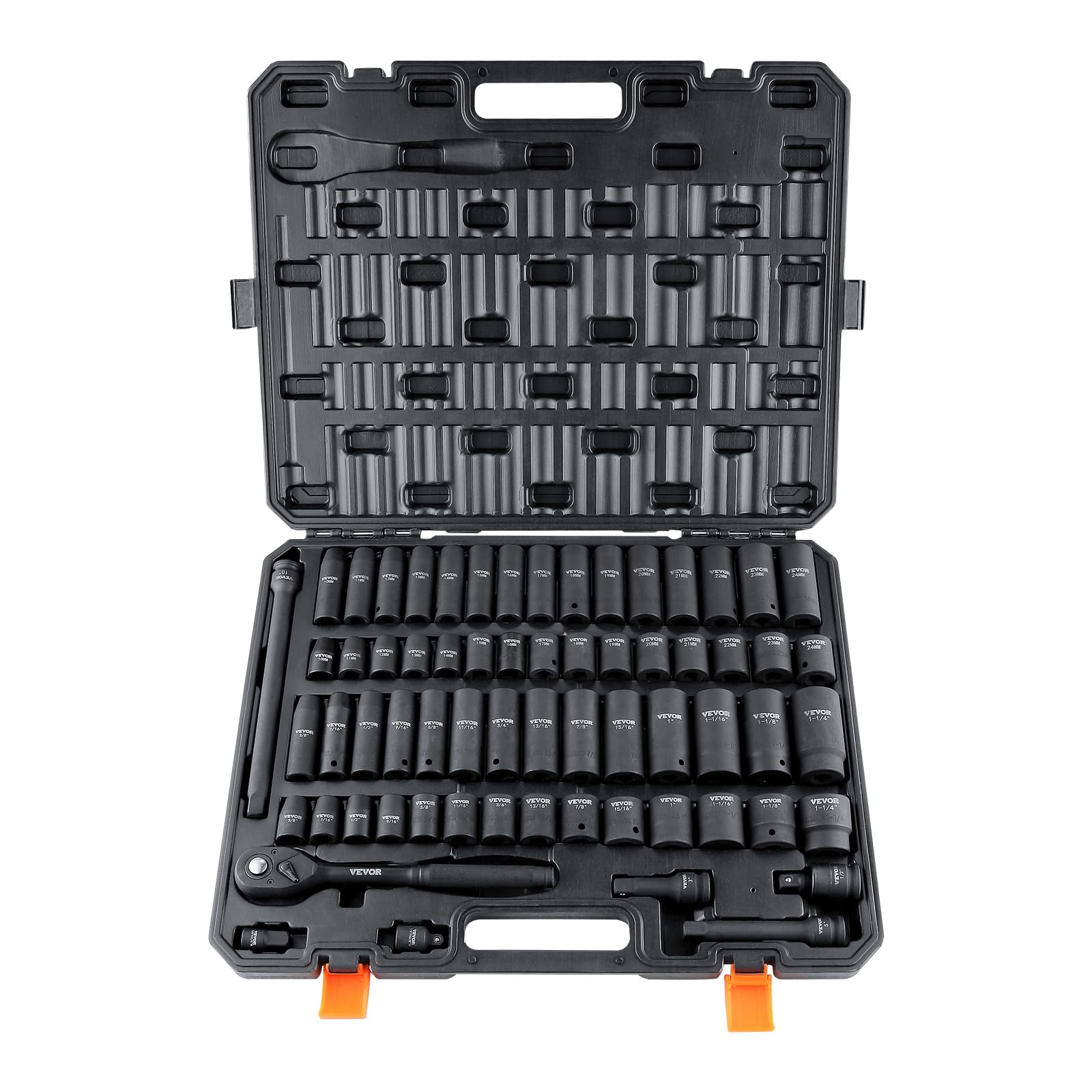 VEVOR 1/2" Schlagschrauber-Steckschlüsselsatz, 65-teilig, Zoll 3/8" bis 1-1/4" und metrisch 10-24 mm, 6-Punkt-Cr-V-Stahl für Autoreparaturen, leicht ablesbare Größenmarkierungen, robuste Konstruktion, Aufbewahrungskoffer