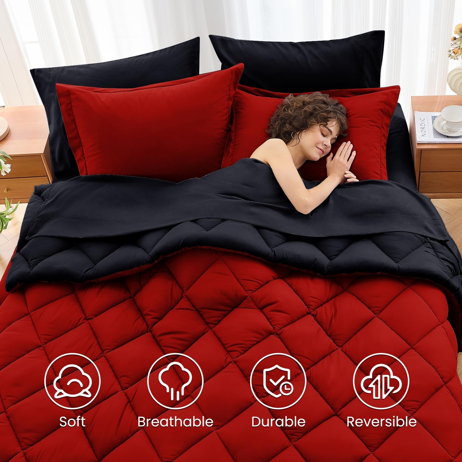 MUXHOMO 7 Pieces Queen Comforter Set, Reversible Bed in a Bag Queen Size, All Season Bedding Set with Comforter, Flat Sheet, Fitted Sheet, Pillowcases & Shams, Red & Black