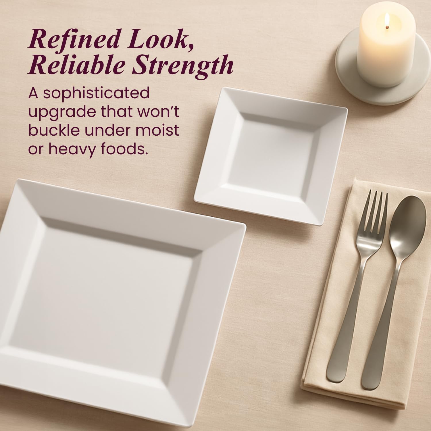 Aya's 60ct White Square Disposable Plates - Heavy Duty Plastic Party Plates for Christmas, Thanksgiving (30 Dinner & 30 Salad)