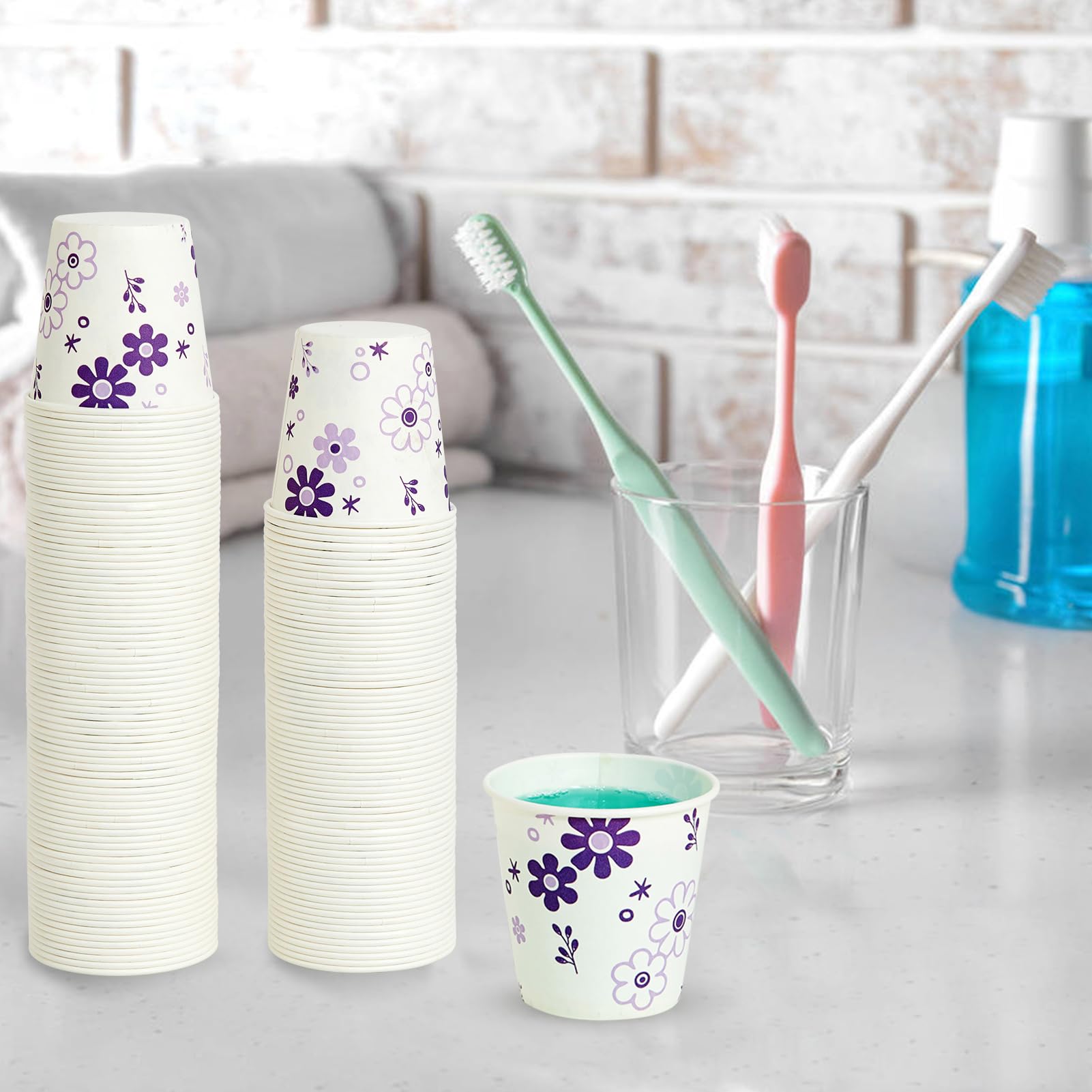 [300 Pack] 3oz Disposable Bathroom Cups, Paper Mouthwash Cups, Cold Disposable Drinking Cup for Party, Picnic, BBQ, Travel, and Event, Purple Floral