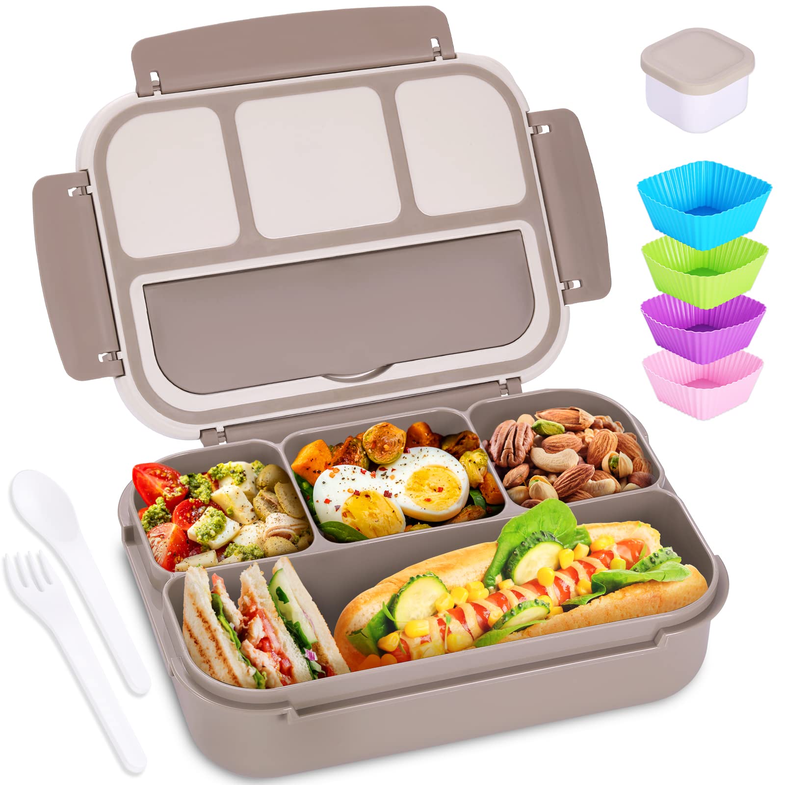 Bento Box Brotdose für Erwachsene, Lunchbox für Männer Frauen mit 4 Fächern, Essensbehälter mit Besteck, Soßenbehälter, Muffinförmchen, 1,2 Liter/5 Tassen, Mikrowellen- und Spülmaschinenfest, Braun