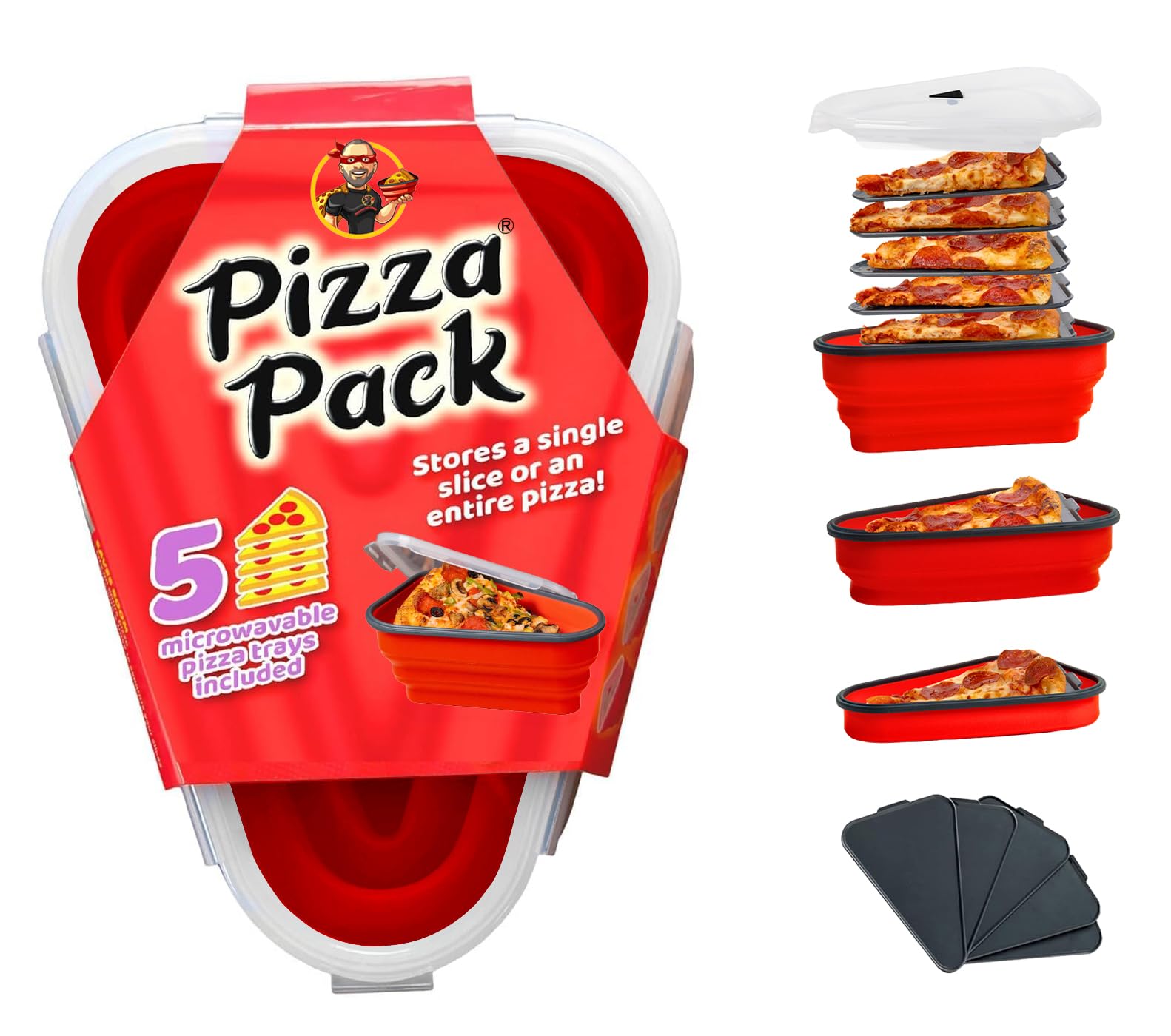 Das perfekte Pizza-Set – Wiederverwendbarer Pizza-Aufbewahrungsbehälter mit 5 mikrowellengeeigneten Serviertellern – BPA-freier, verstellbarer Pizza-Behälter zur Organisation und Platzersparnis, Rot