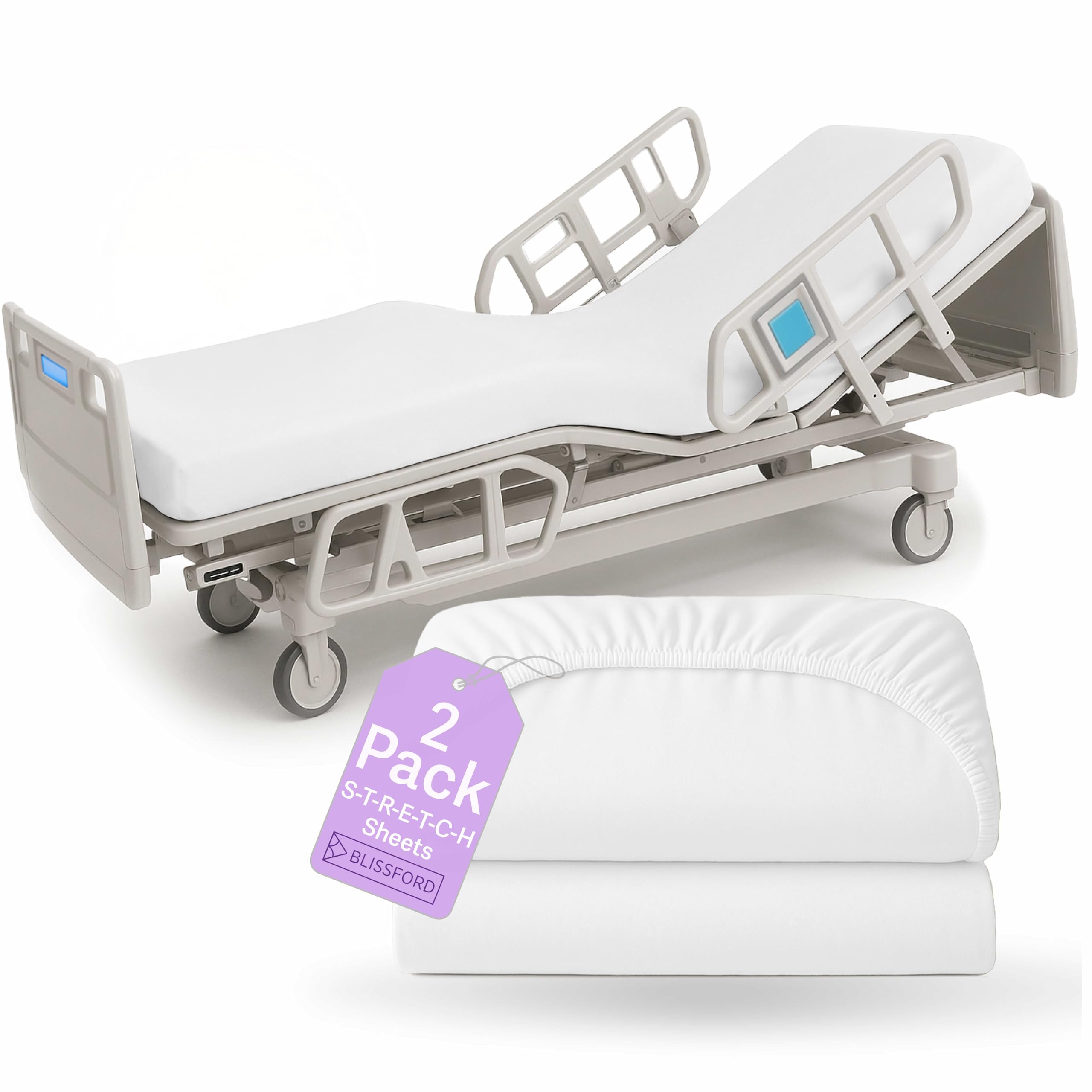 2 Pack Fitted Hospital Bed Sheets with Elastic All Around for a Perfect Fit - Cotton Rich Soft Knitted Jersey Sheet, 36" x 84" x 12"