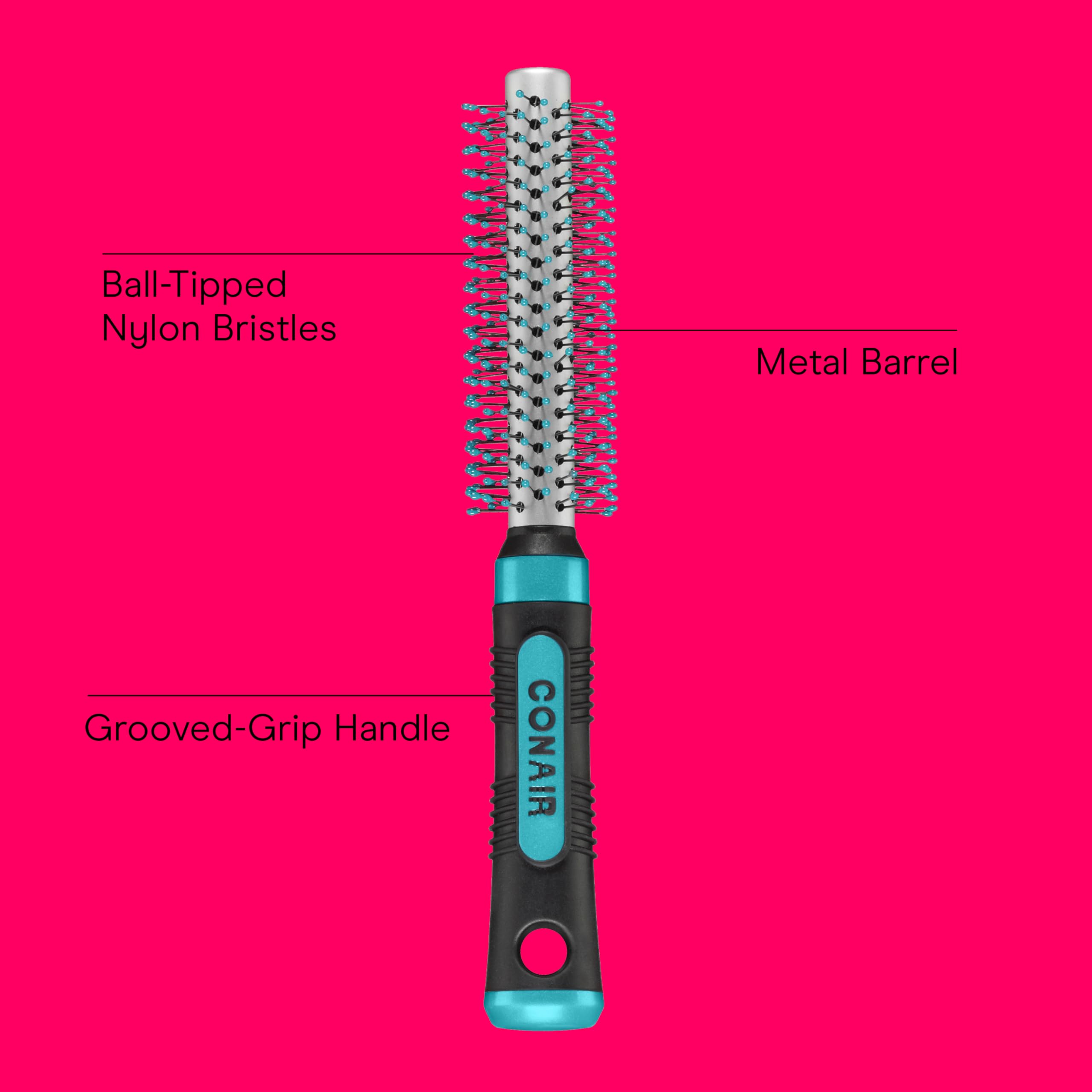 Conair Metal Round Hairbrush - Hair brush for blow out with Metal barrel and Nylon bristles - Adds body and fullness - Perfect for short hair and home hair stylists
