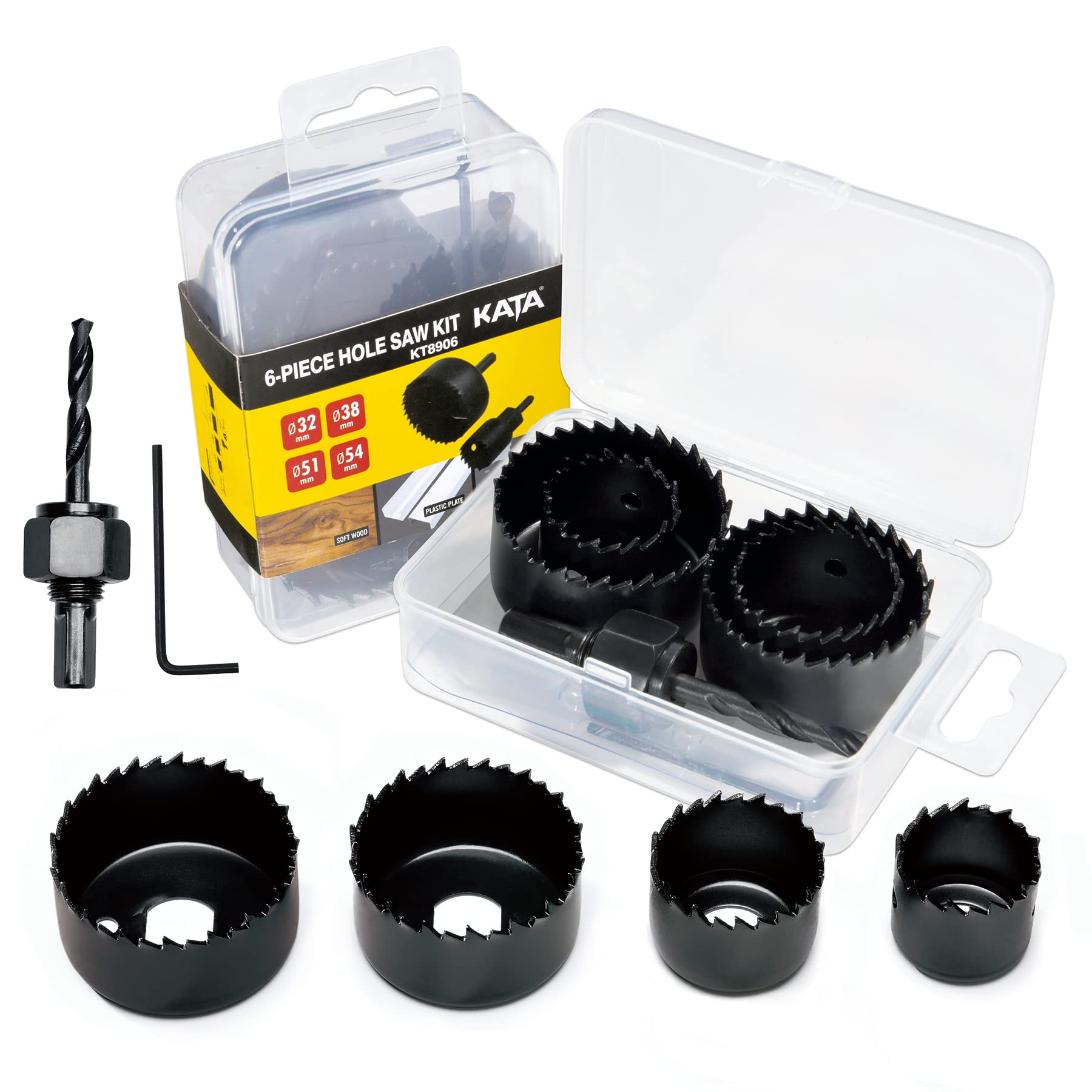 KATA 6-teiliges Lochsägen-Set 32–54 mm (1-1/4" bis 2-1/8") im Koffer mit Dorne und Sechskantschlüssel für Weichholz, PVC-Platten, Sperrholz