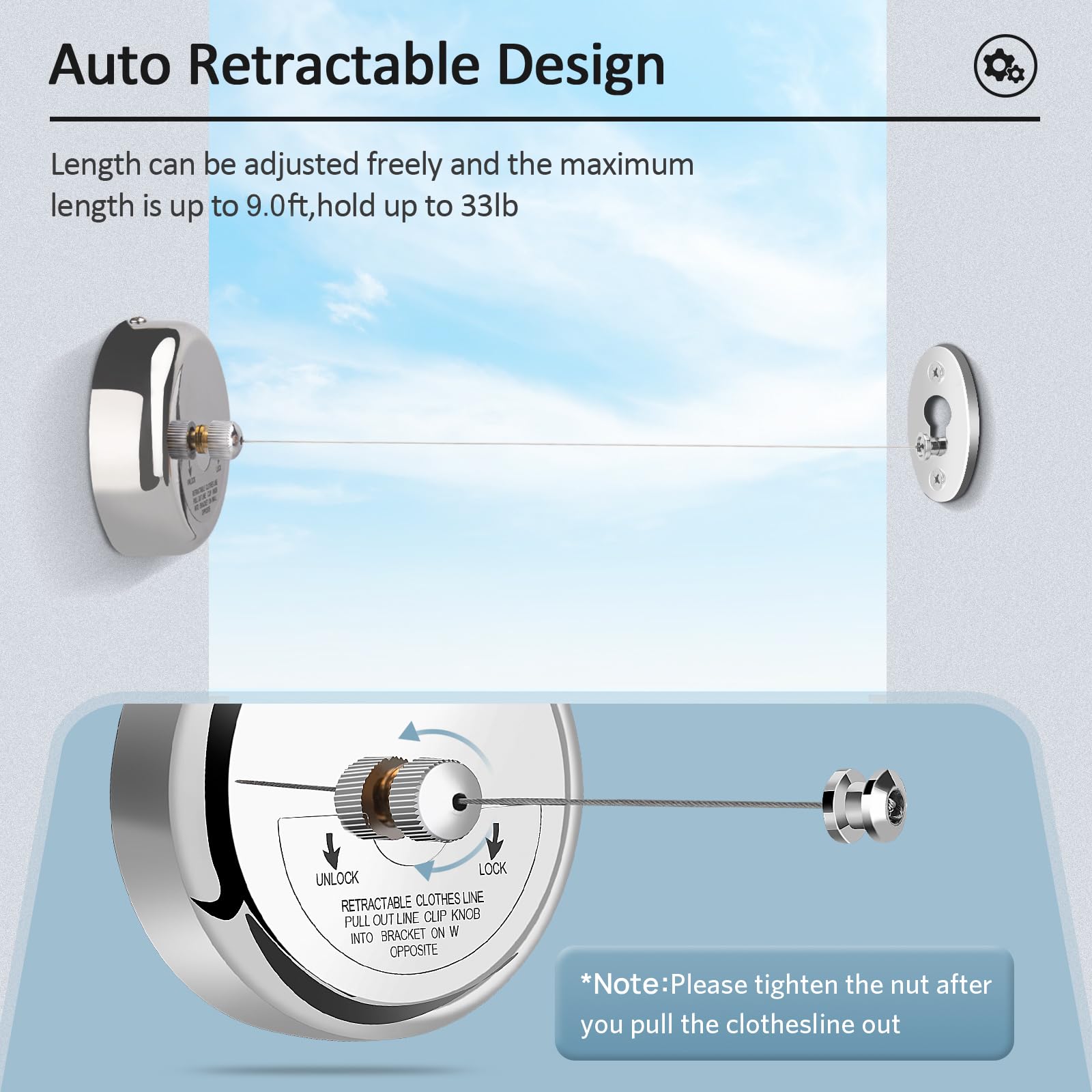 Retractable Clothesline 9.0 Feets, 304 Stainless Steel Clothes Line Dryer with Heavy Duty Adjustable Stainless Steel Rope String for Hanging Drying Bathroom, Laundry, Hotel, Indoor & Outdoor