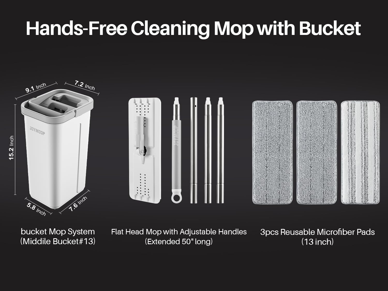 JOYMOOP Mop and Bucket with Wringer Set, Hands Free Flat Floor Mop and Bucket, with 3 Washable Microfiber Pads, Wet and Dry Use, Floor Cleaning System