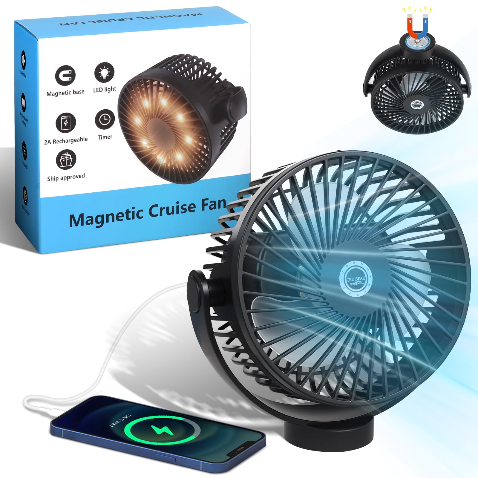 Magnetischer Reise-Ventilator mit 8000mAh wiederaufladbarem Akku, LED-Licht, Timer & Power-Ausgang, haftet magnetisch an Kabinendecken und -wänden, schiffszugelassener Kabinen-Luftzirkulator