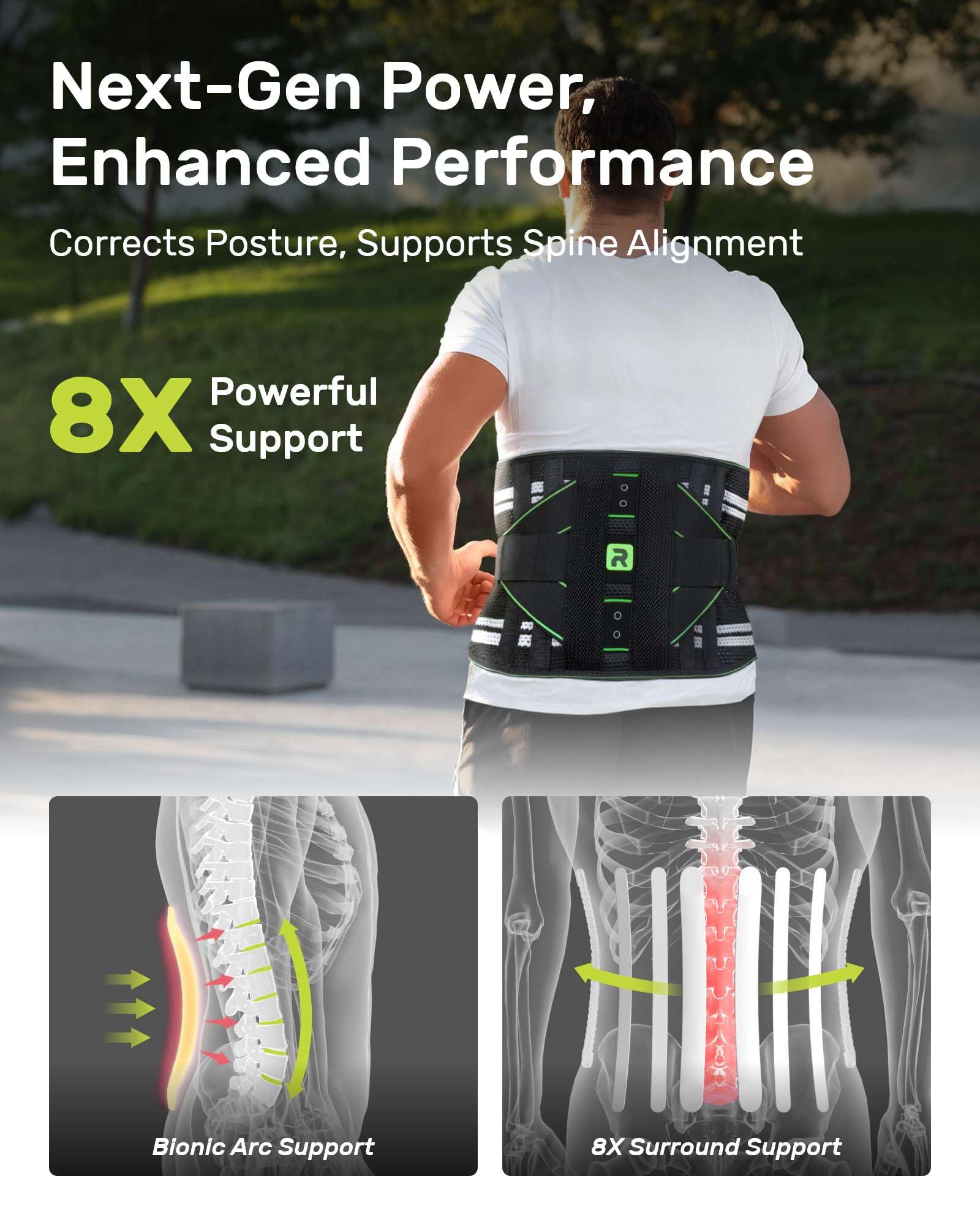 Rakiie Back Brace for Lower Back Pain Relief, 8X Powerful Lumbar Support with 3D Pad, Support Belt for Men Women, Breathable Back Support Brace with Adjustable Strap, Green Size M