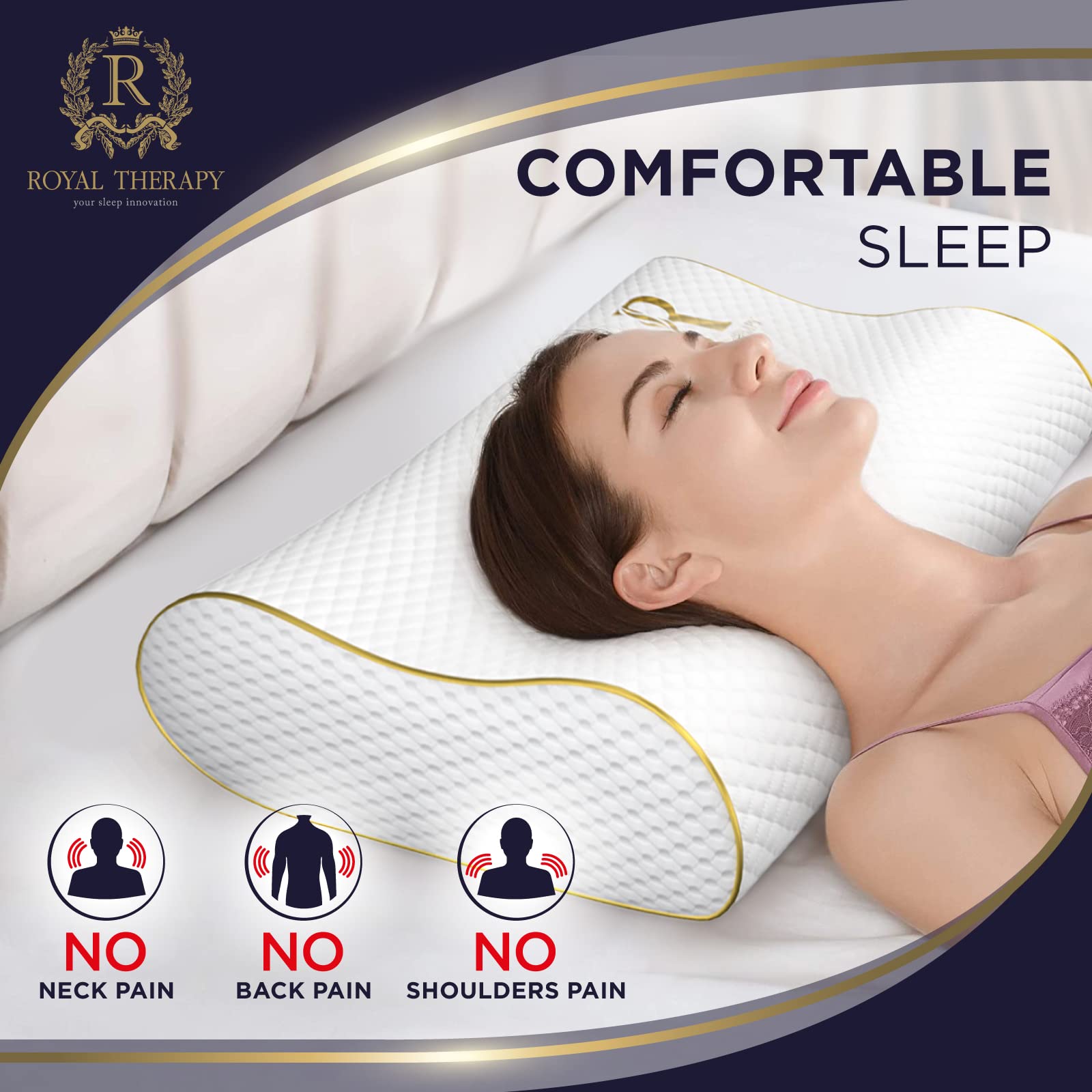 Royal Therapy Memory Foam Pillow, Queen Neck Pain Relief, Contour Cervical Pillow, for Neck and Shoulder Pain, Side, Back and Stomach Sleeper