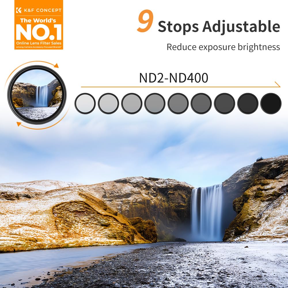K&F Concept 67mm Variable ND2-ND400 ND Lens Filter (1-9 Stops) for Camera Lens Adjustable Neutral Density Filter with Microfiber Cleaning Cloth (B-Series)