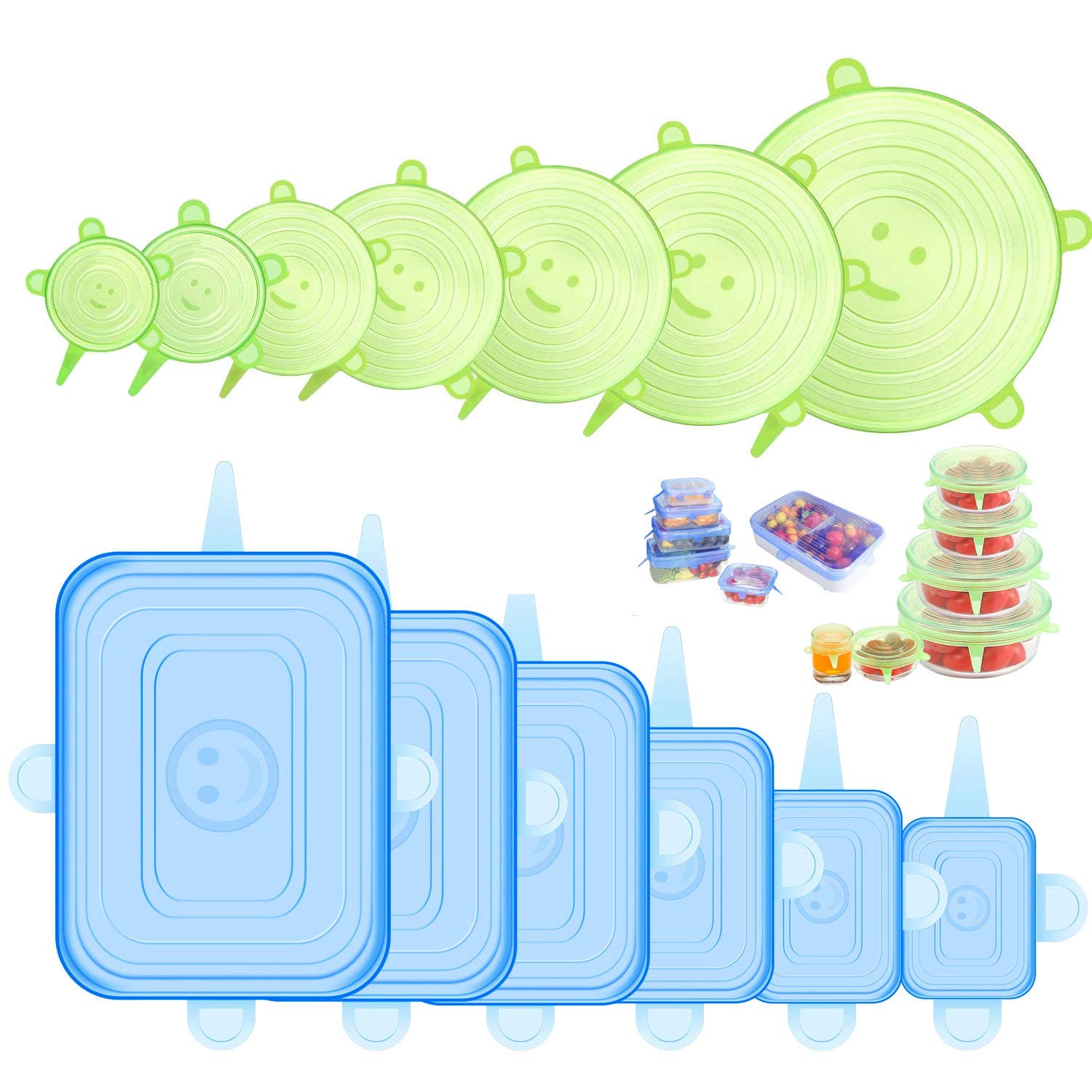 ONEGOL Silicone Stretch Lids, 12 Pack Silicone Lids, 6 Sizes BPA-free Silicone Bowl Covers Reusable for Cups, Bowls and Dish, Flexible, Round and Rectangle Fit 2.6" - 8.2" Container, Green & Blue