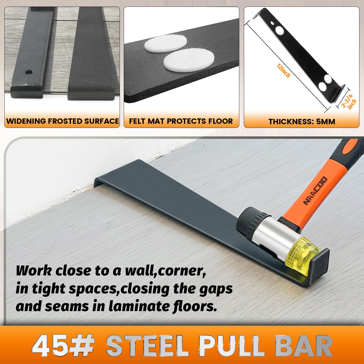 Laminate/Vinyl Flooring Tools, NAACOO Tapping Block for Vinyl Plank Flooring - Double Sided with Notches, Pull Bar, 40Pcs Floor Spacers, Rubber Mallet. Universal Floor Installation kit.