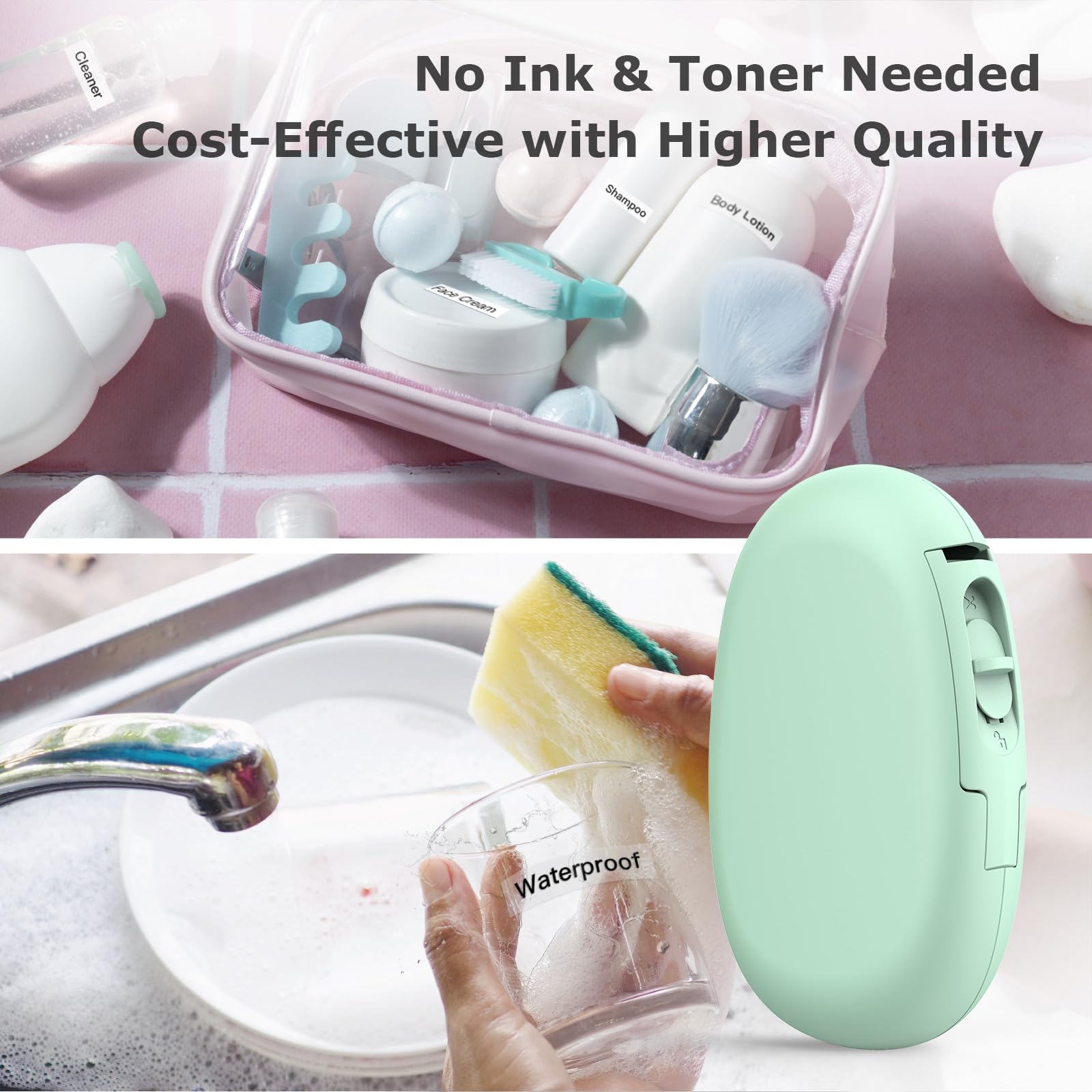 SUPVAN E10 Bluetooth Label Maker Machine with Tape, Continuous Waterproof Label, Versatile App with 35 Fonts and 1k+ Icons, Label Printer for Home, Kitchen, School, Office Organization, Green