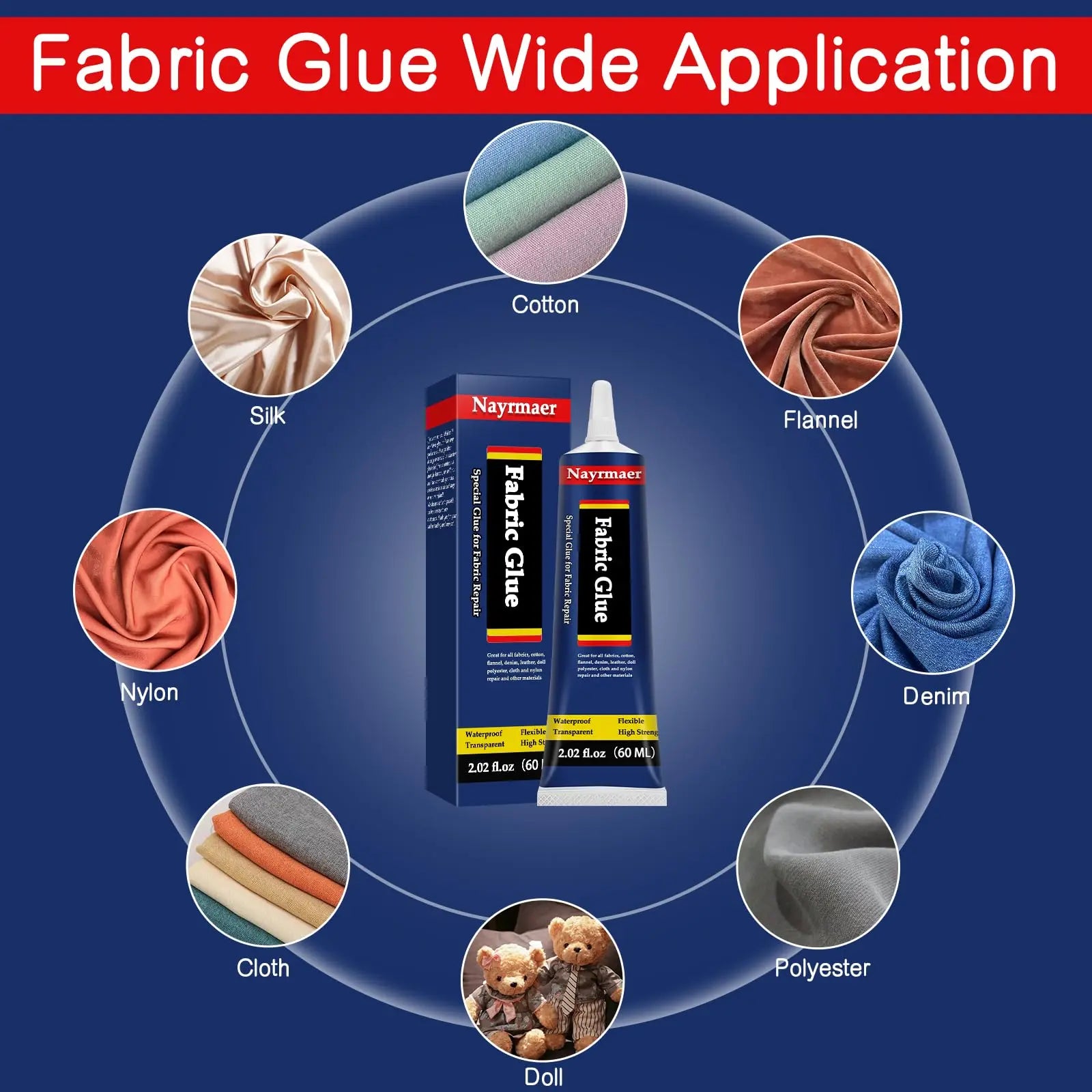 Fabric Glue, Permanent Clear Washable Clothing Adhesive for All Fabrics, Cotton, Flannel, Denim, Leather, Polyester, Doll Repair, 24 Hours Dry and Waterproof (FG60g)