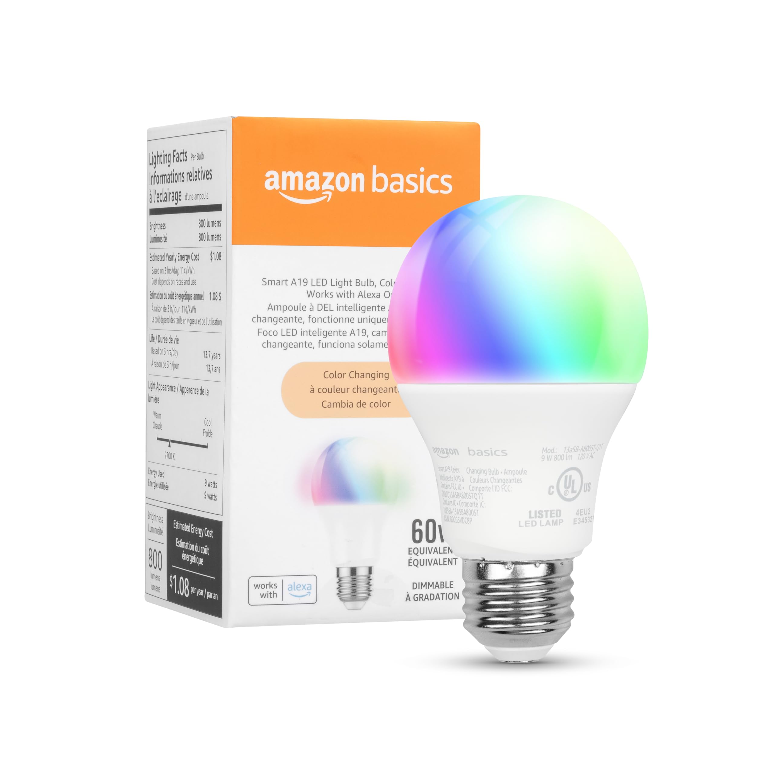Amazon Basics Smarte A19 LED-Glühbirne, Farbwechsel, 9W (entspricht 60W), 800LM, funktioniert nur mit Alexa, 2.4 GHz Wi-Fi, kein Hub erforderlich, 1 Stück