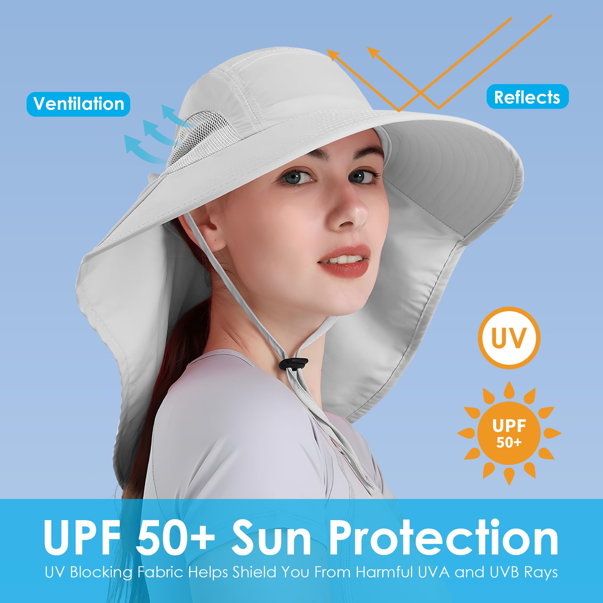Womens Sun Hat UV Protection, Foldable Waterproof Wide Brim Bucket Hats with Neck Flap for Summer Beach Fishing Hiking Light Grey