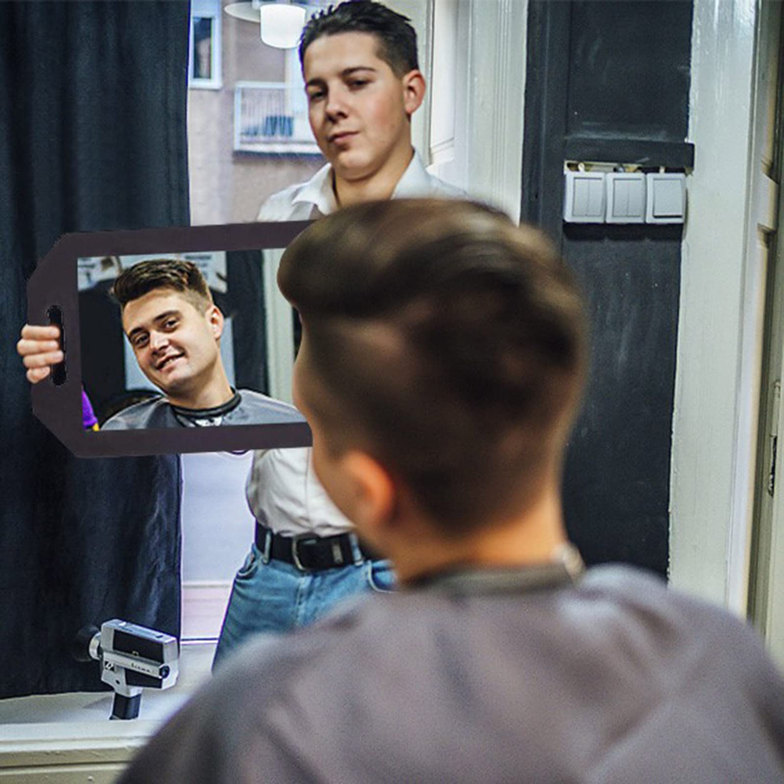 Feisate Barber Mirror Handheld Foam, Salon Large Foam Hand Mirror with Double Handle, Square Barbershop Handheld Mirror, Black