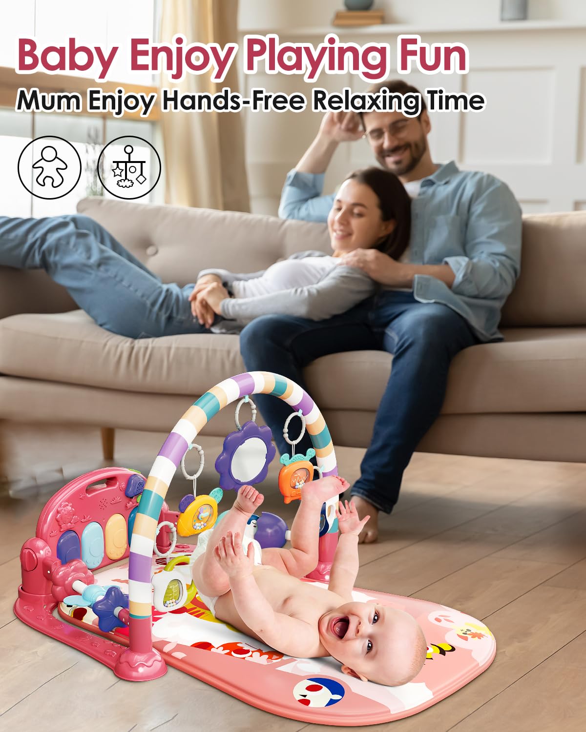 dearlomum Baby Play Mat Baby Gym,Funny Play Piano Tummy Time Baby Activity Mat with 5 Infant Sensory Baby Toys, Music and Lights Boy & Girl Gifts for Newborn Baby 0 to 3 6 9 12 Months (Pink)