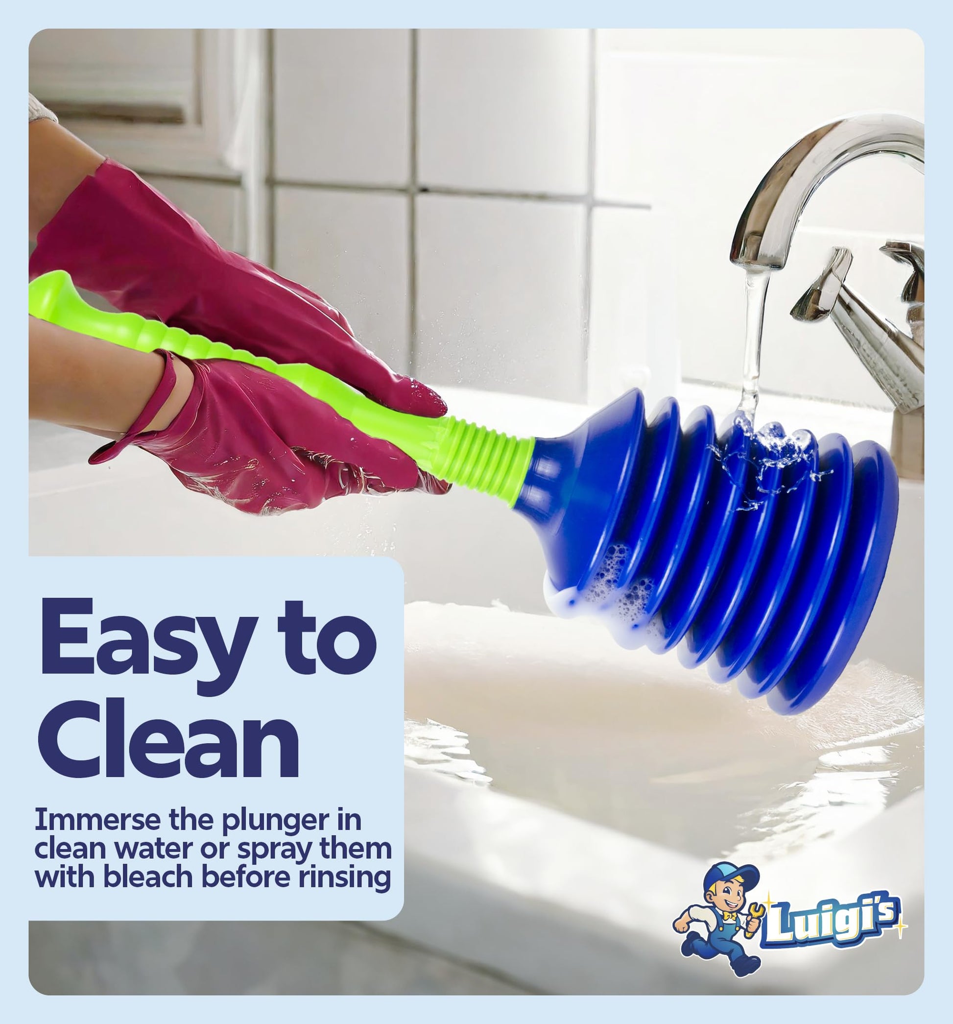 Luigi's Sink Plunger Kitchen - Sink Plunger Bathroom - Drain Bathtub or Shower - Small and Powerful Clog Remover - Commercial Style "Plumbers Plungers" with Large Bellows