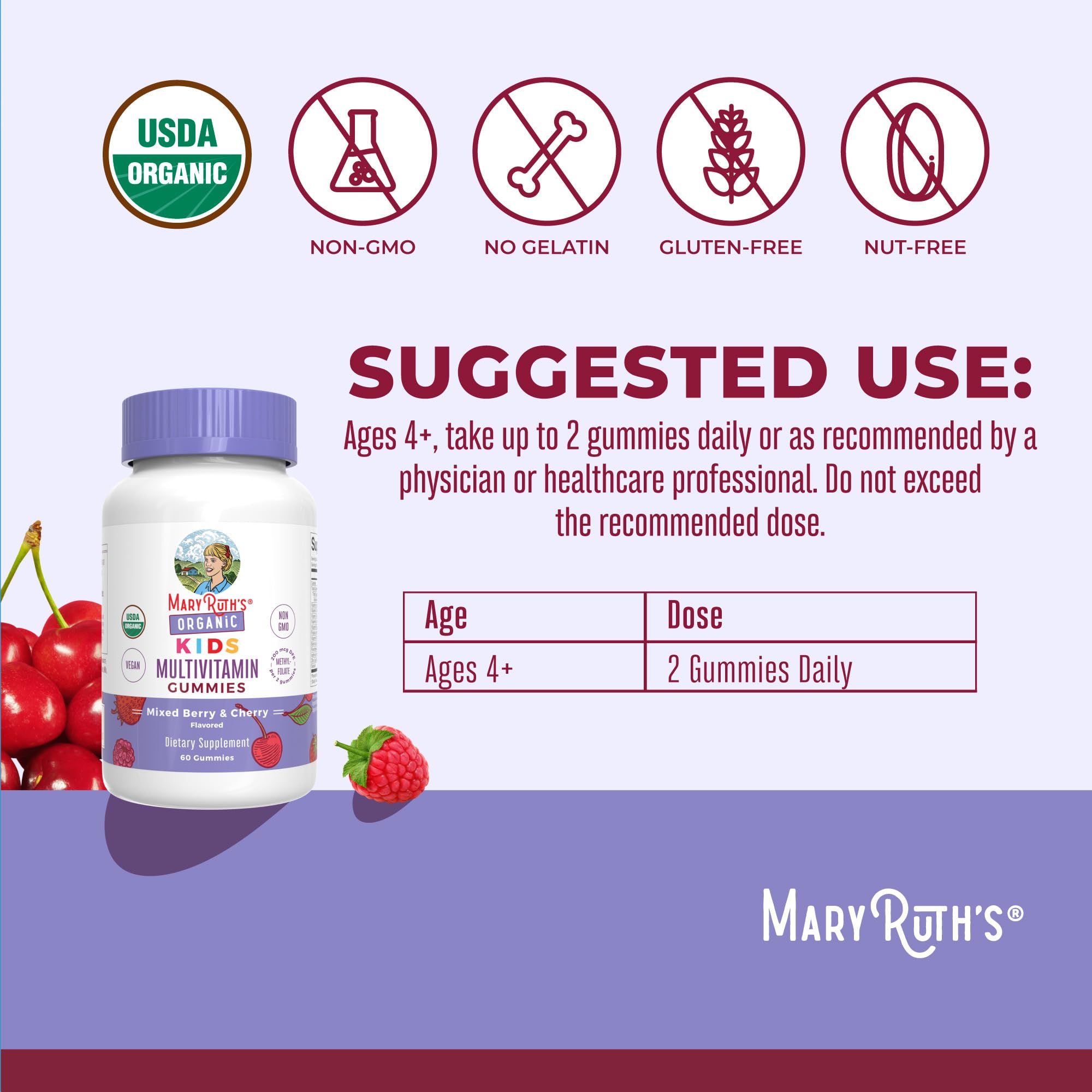 MaryRuth Organics Kids Vitamins | Multi | 1 Month Supply | Multivitamin Gummies for Ages 4+ | Multivitamin for Kids | Vegan | Only 2 Gummies a Day | 60 Count
