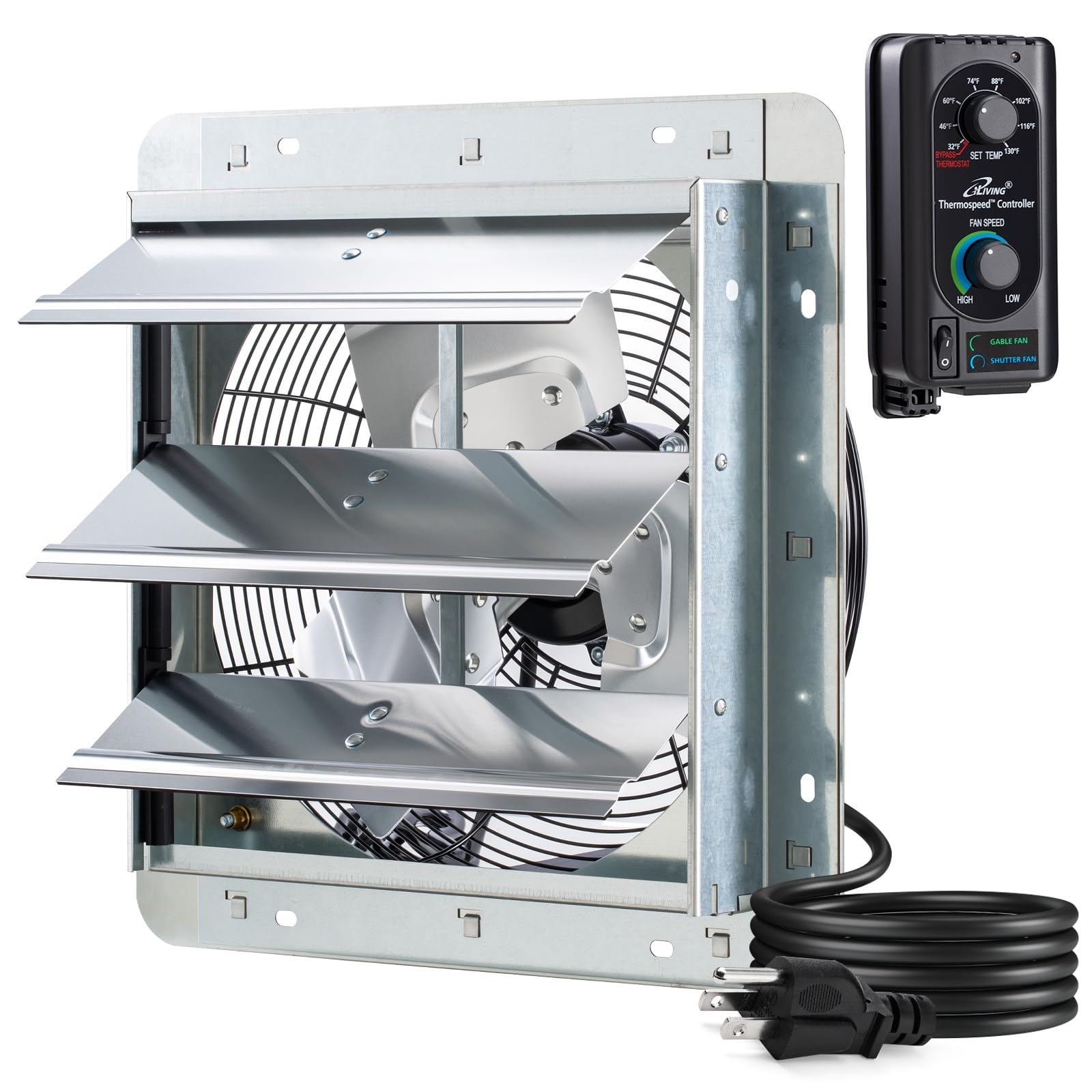 iLIVING 12" Wandmontierter Abluftventilator mit Jalousie, automatische Jalousie, mit Thermostat und variabler Geschwindigkeitsregelung, 0.6A, 960 CFM, 1400 SQF Abdeckungsbereich Silber (ILG8SF12V-ST)