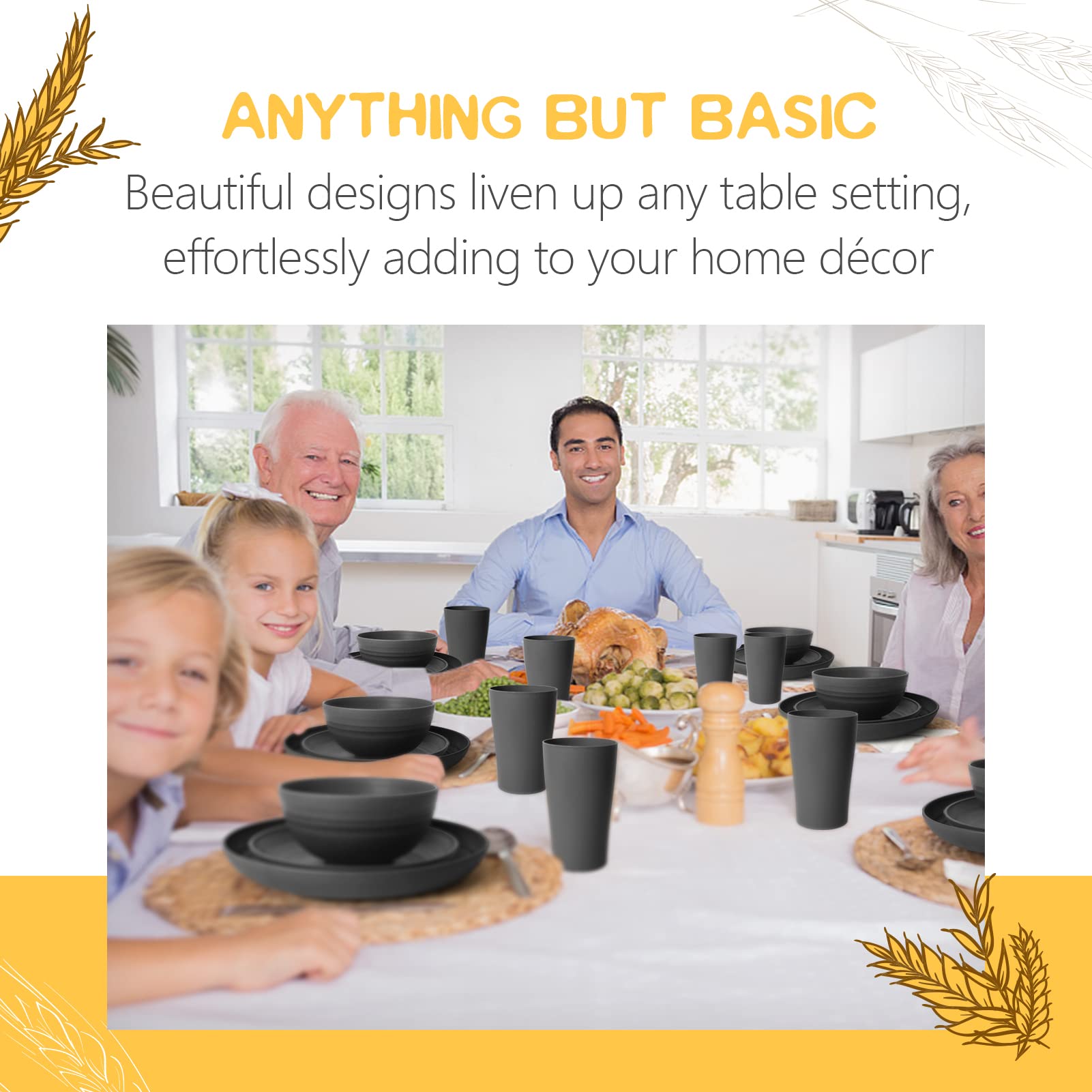 Teivio 32-Piece Kitchen Plastic Wheat Straw Dinnerware Set, Service for 8, Unbreakable Modern Dish Set - Dinner Plate/Dessert Plate/Cereal Bowl/Cup, for Apartment Essentials, Outdoor Camping,Black