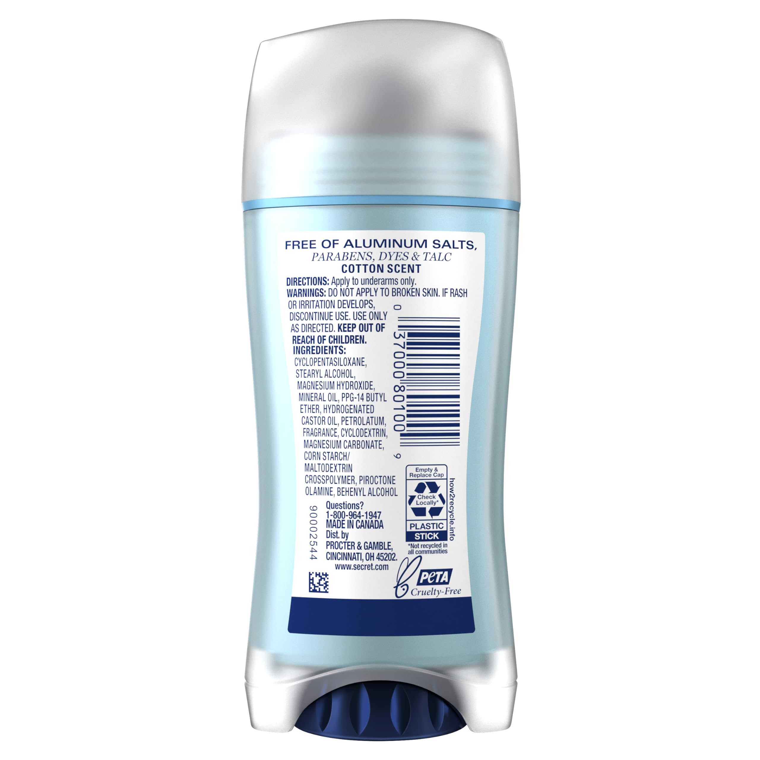 Secret Aluminum Free Deodorant for Women, 48hr Odor Protection, Free of Parabens Dyes Talc & Baking Soda, PH Balancing Minerals, Dry Solid, Cotton Scent, 2.4 oz