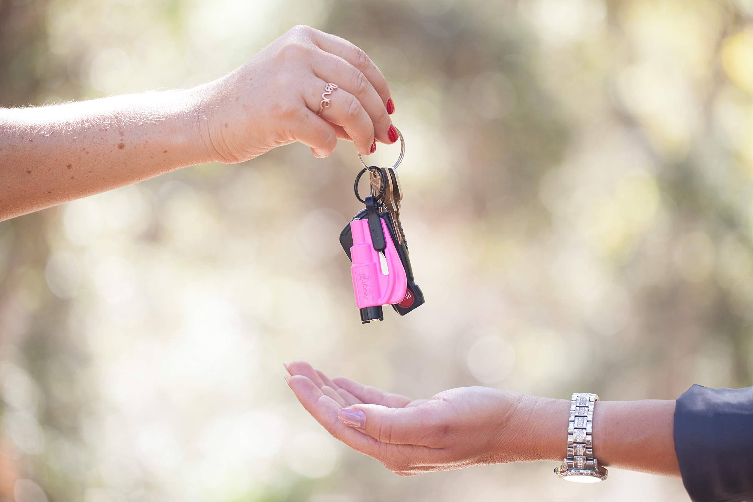 resqme The Original Emergency Keychain Car Escape Tool, 2-in-1 Seatbelt Cutter and Window Breaker, Made in USA, Pink - Compact Emergency Hammer