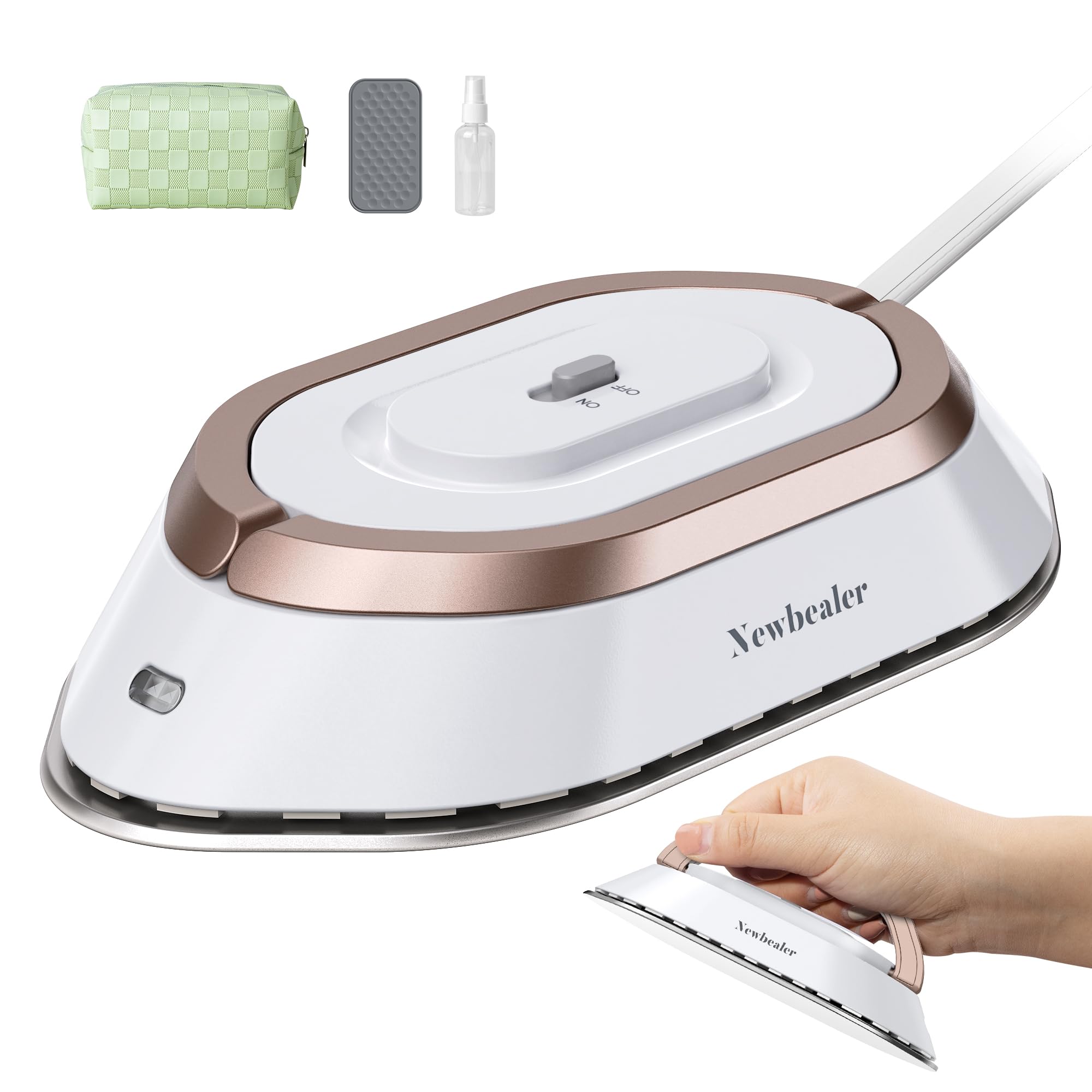 Newbealer Travel Iron with Dual Voltage - 120V/220V Lightweight Dry Iron for Clothes (No Steam), Non-Stick Ceramic Soleplate, 302 Heat Press Machine, w/Spray Bottle, Pouch & Silicone Stand (White)