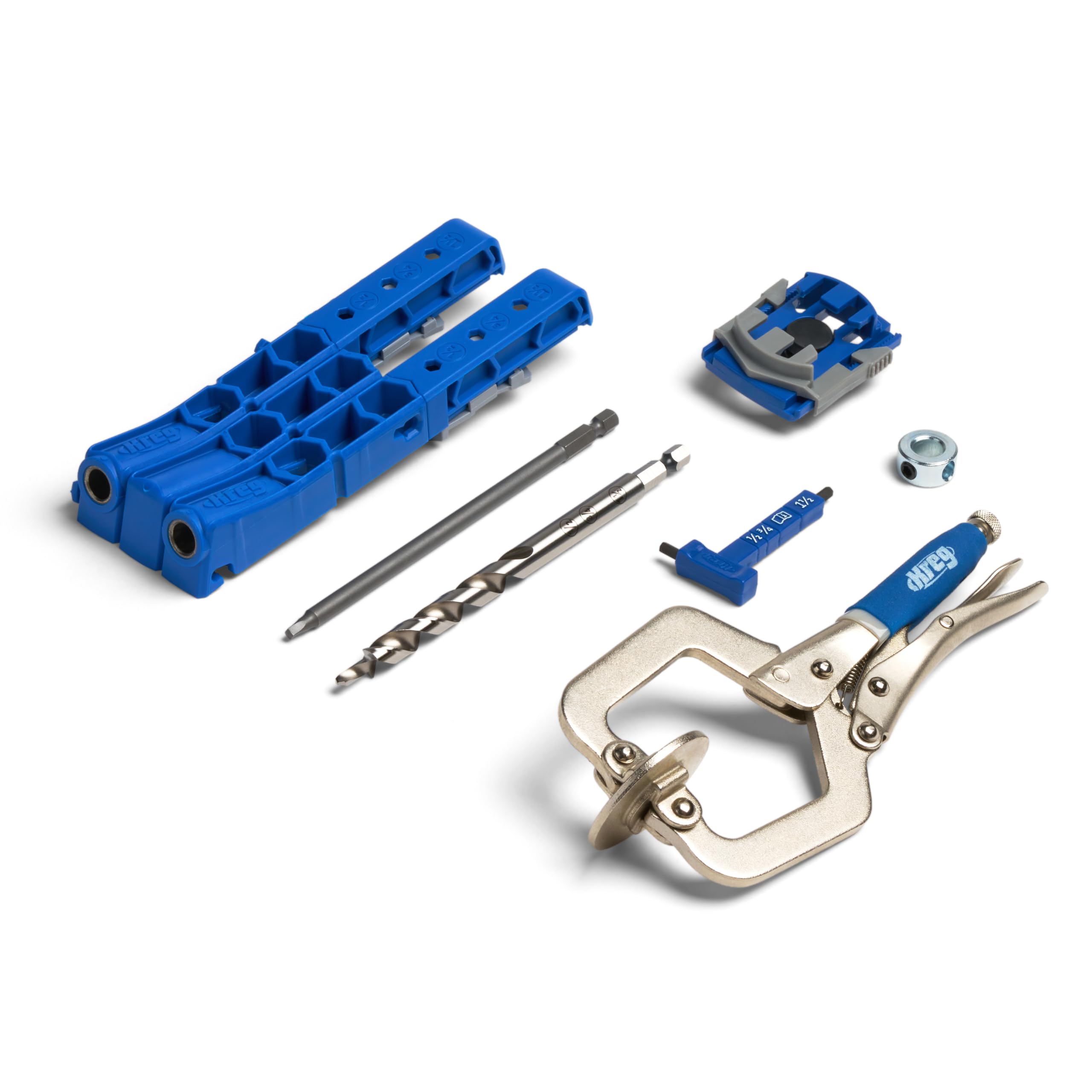 KREG Langlebige Taschenlochschablone 320 mit Classic 2-Zoll-Flachzwinge – Inklusive Holzzwingen für die Holzbearbeitung und enge Zwischenräume – Für Materialien von 12 mm bis 38 mm Dicke