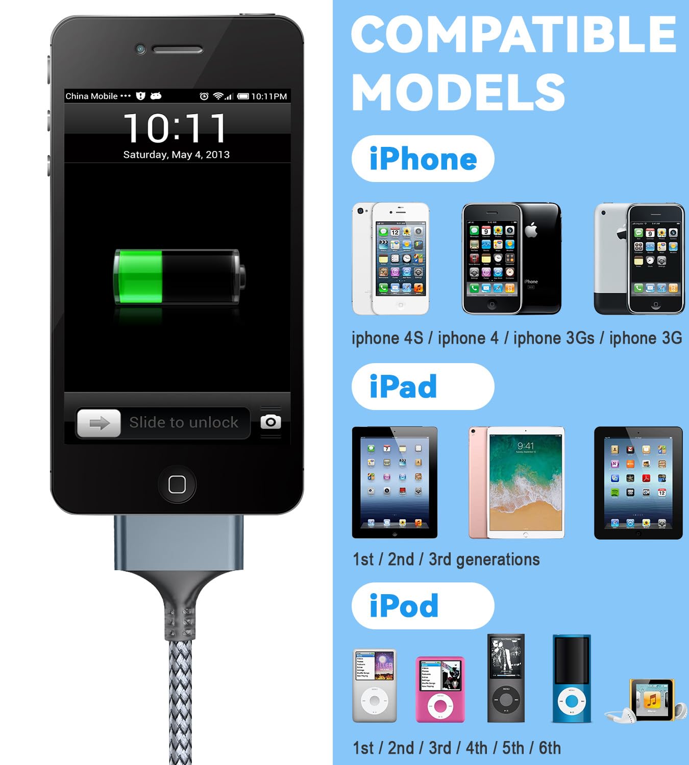 Herfair USB to 30 Pin Charger Cable Nylon Braided USB Charging Cord Compatible with i-Phone 4/4s/3G/3GS, iPad 1 2 3, iPod Touch 4 3 2 1, iPod Classic 3 2 1 (3FT)