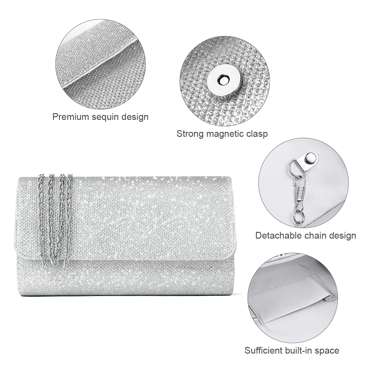 OSDUE Evening Bag Clutch Purses for Women, Glitter Evening Bag Sparkling Envelope Packet with Detachable Chain for Prom Wedding Party Banquet Date (Silver)
