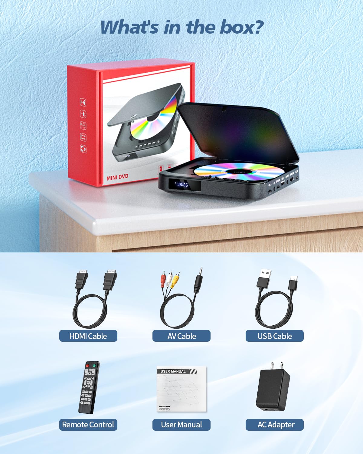 Mini DVD Player HDMI, DESOBRY 1080P HD Small Compact DVD Player for Smart TV with All Region Free, DVD CD Player with AV Output, USB/TF Card Input, Remote Control, Support PAL/NTSC