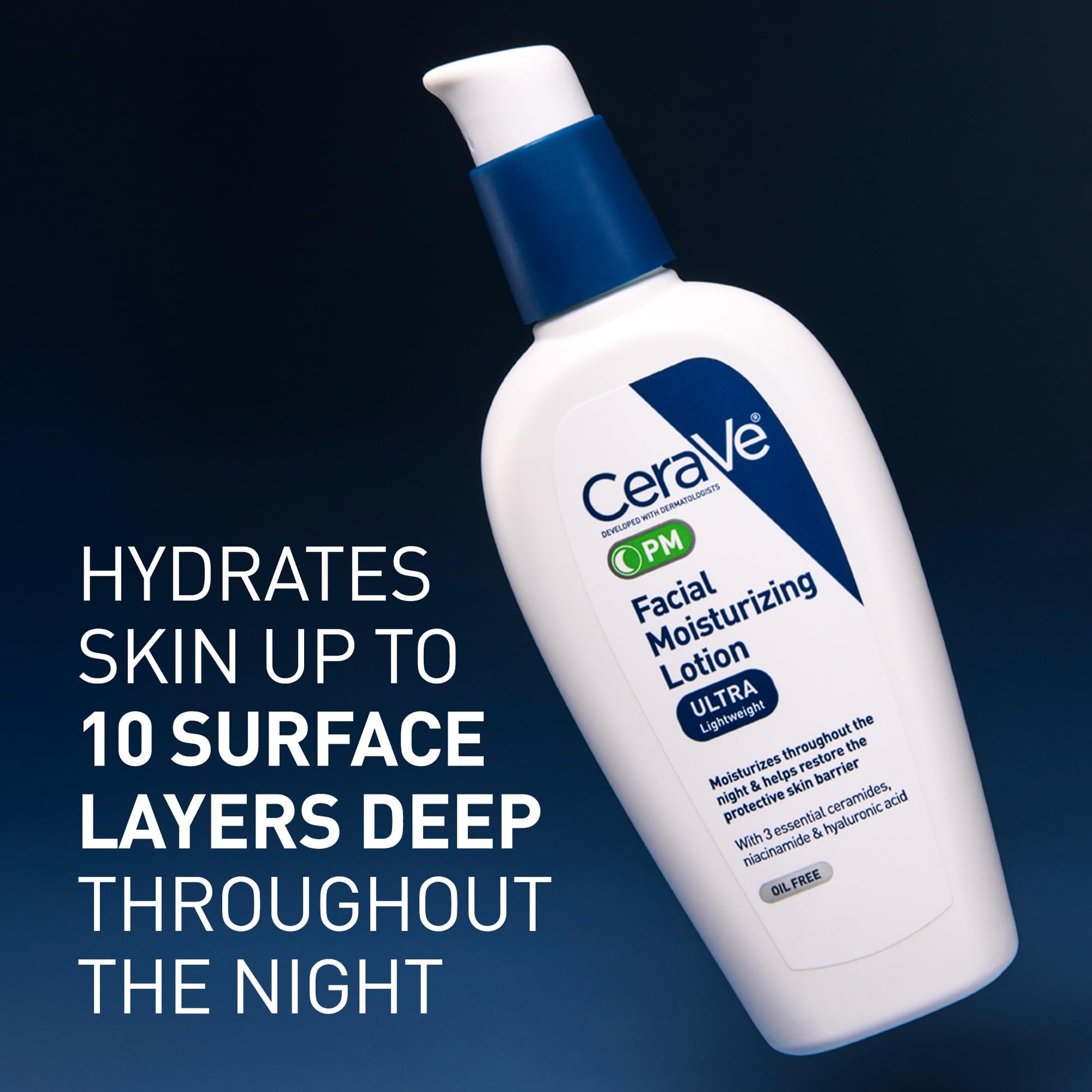 CeraVe PM Facial Moisturizing Lotion, Night Cream with Hyaluronic Acid and Niacinamide, Ultra-Lightweight, Oil-Free Moisturizer for Face, 3 Ounce