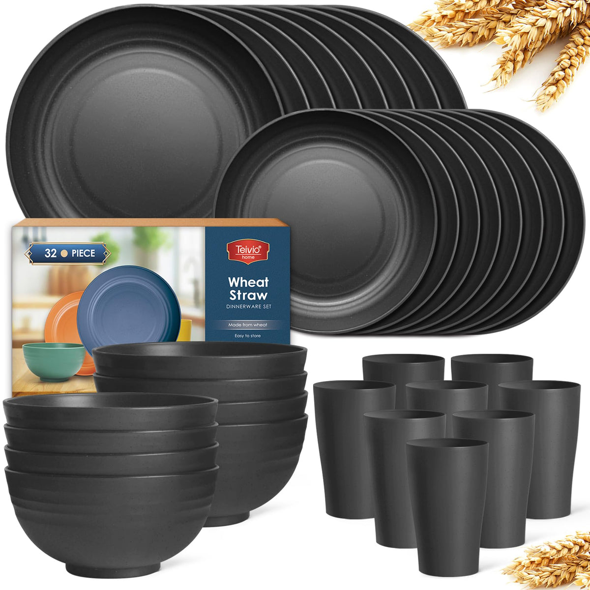 Teivio 32-Piece Kitchen Plastic Wheat Straw Dinnerware Set, Service for 8, Unbreakable Modern Dish Set - Dinner Plate/Dessert Plate/Cereal Bowl/Cup, for Apartment Essentials, Outdoor Camping,Black